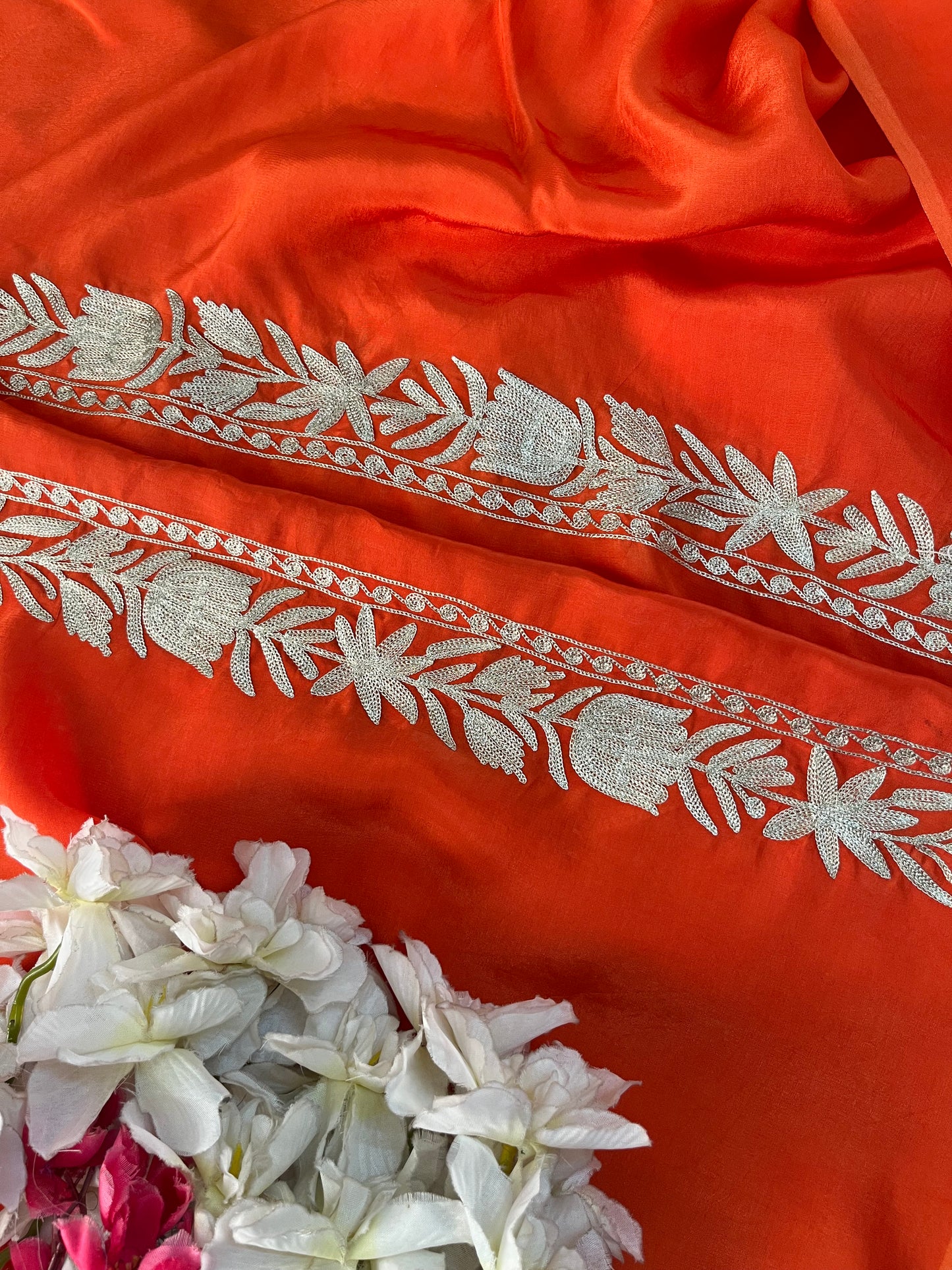 Kalaa’ Orange Crape Kashmiri Suit