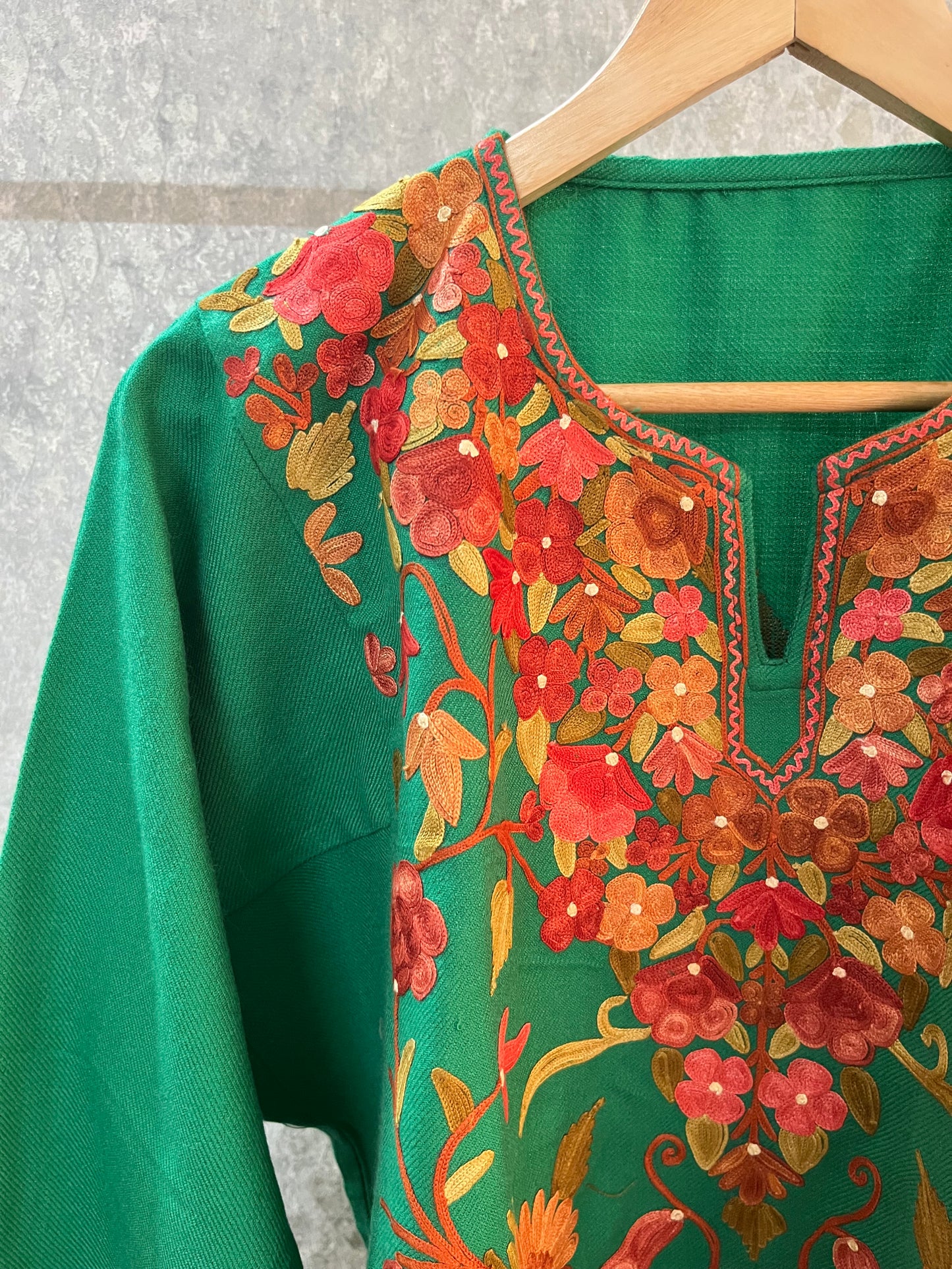 Green Aari Embroidered Wool Pheran