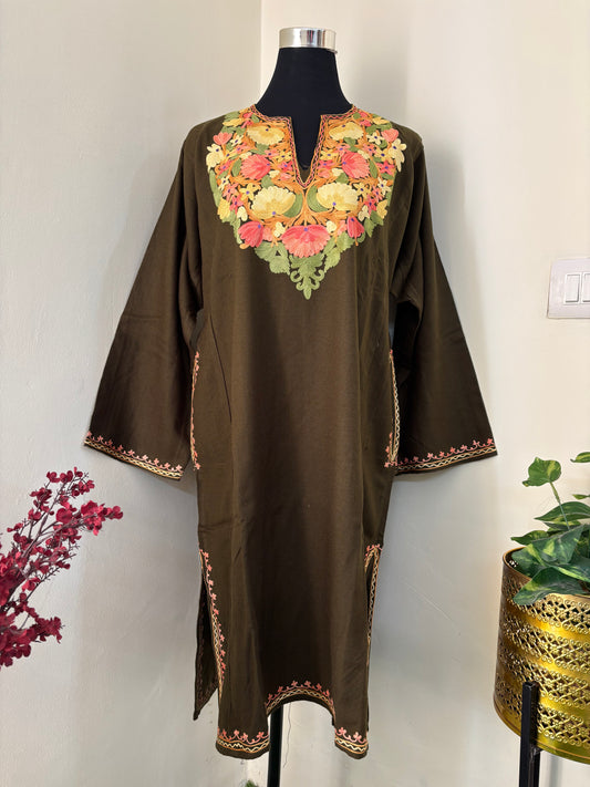 Army Green Aari Embroidered Wool Pheran