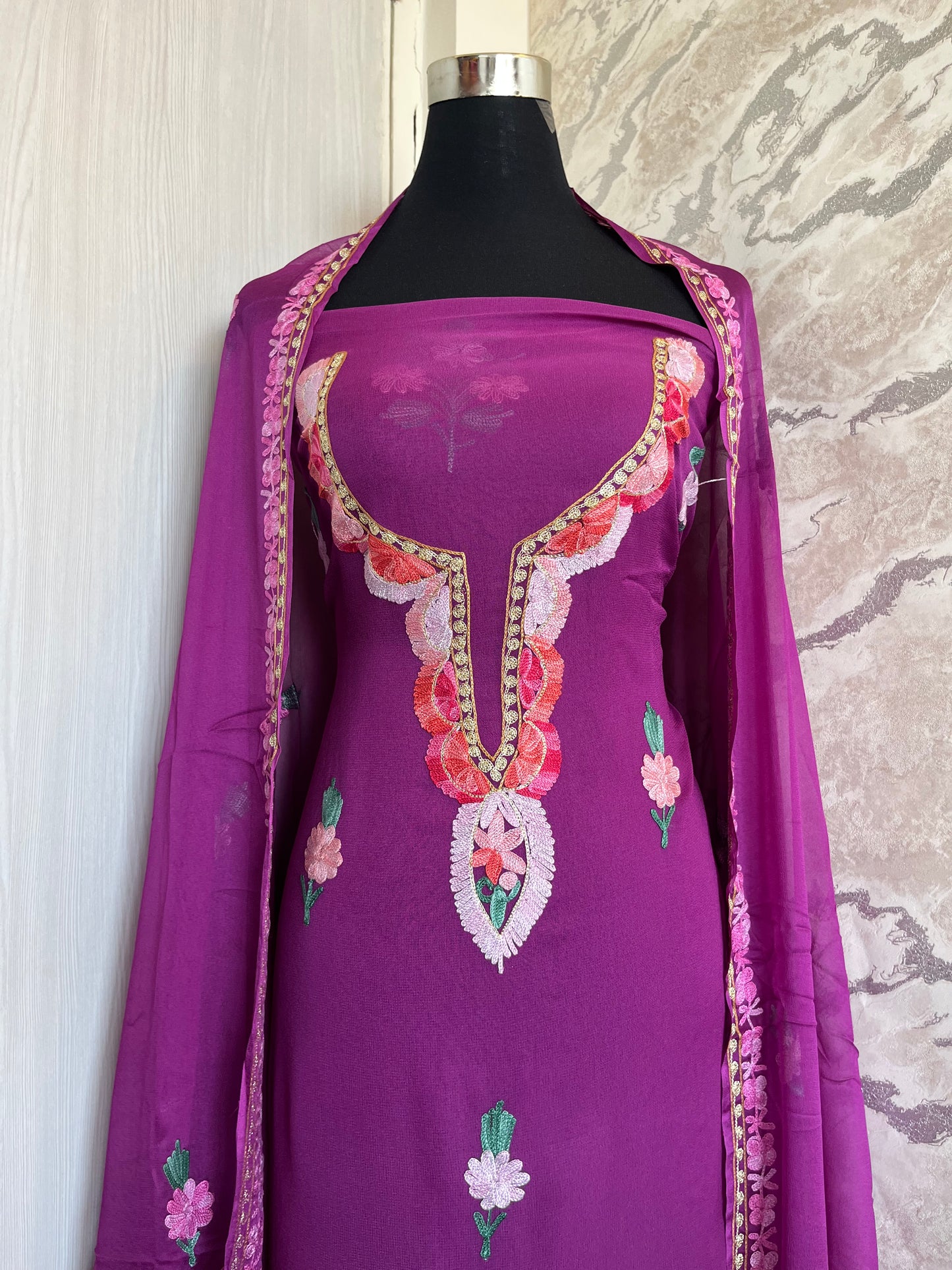 Wine Pure Georgette Aari Embroidered Suit