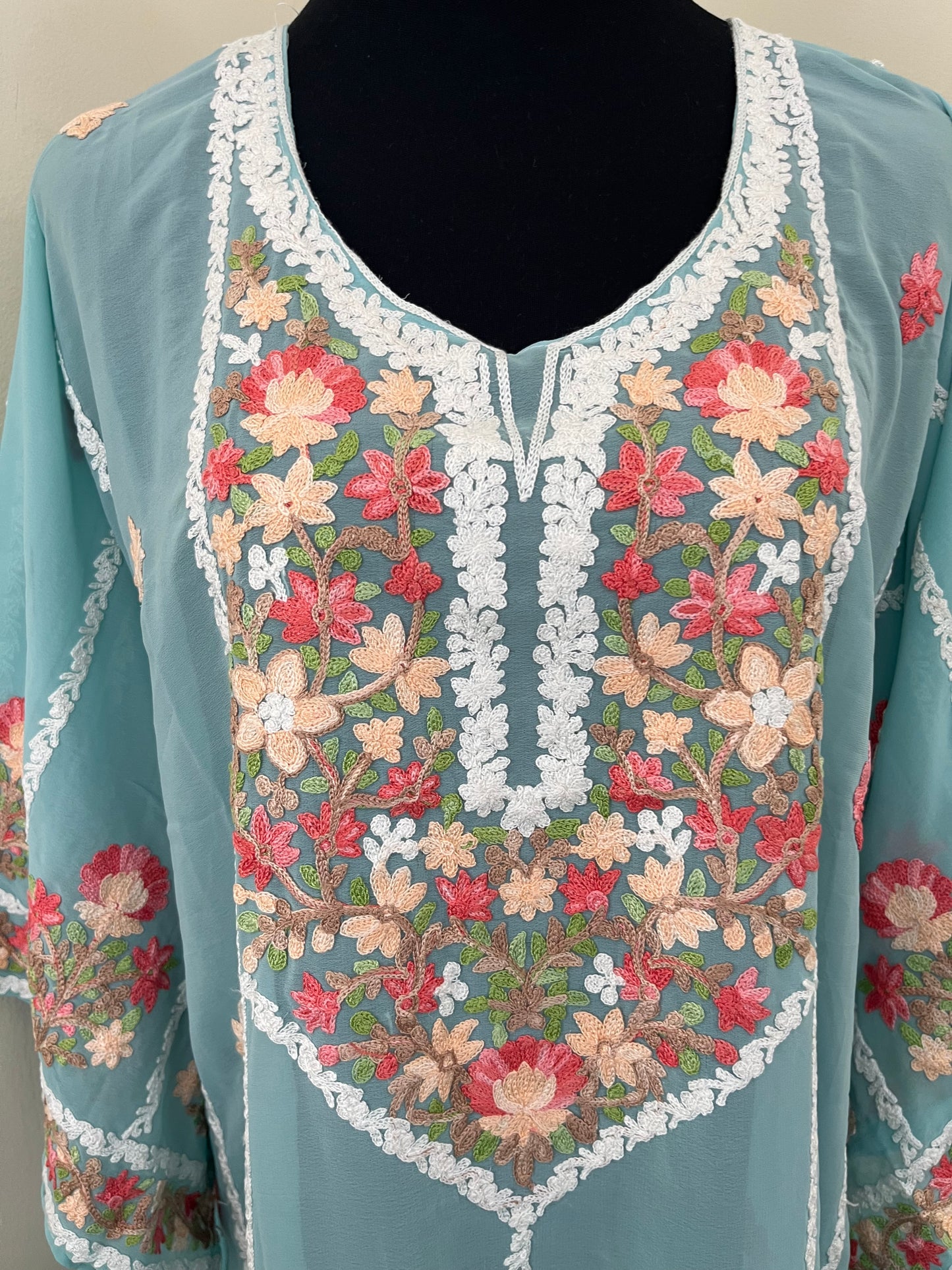 Soft Blue Georgette All over Work Aari Embroidered Unstitched Kurta