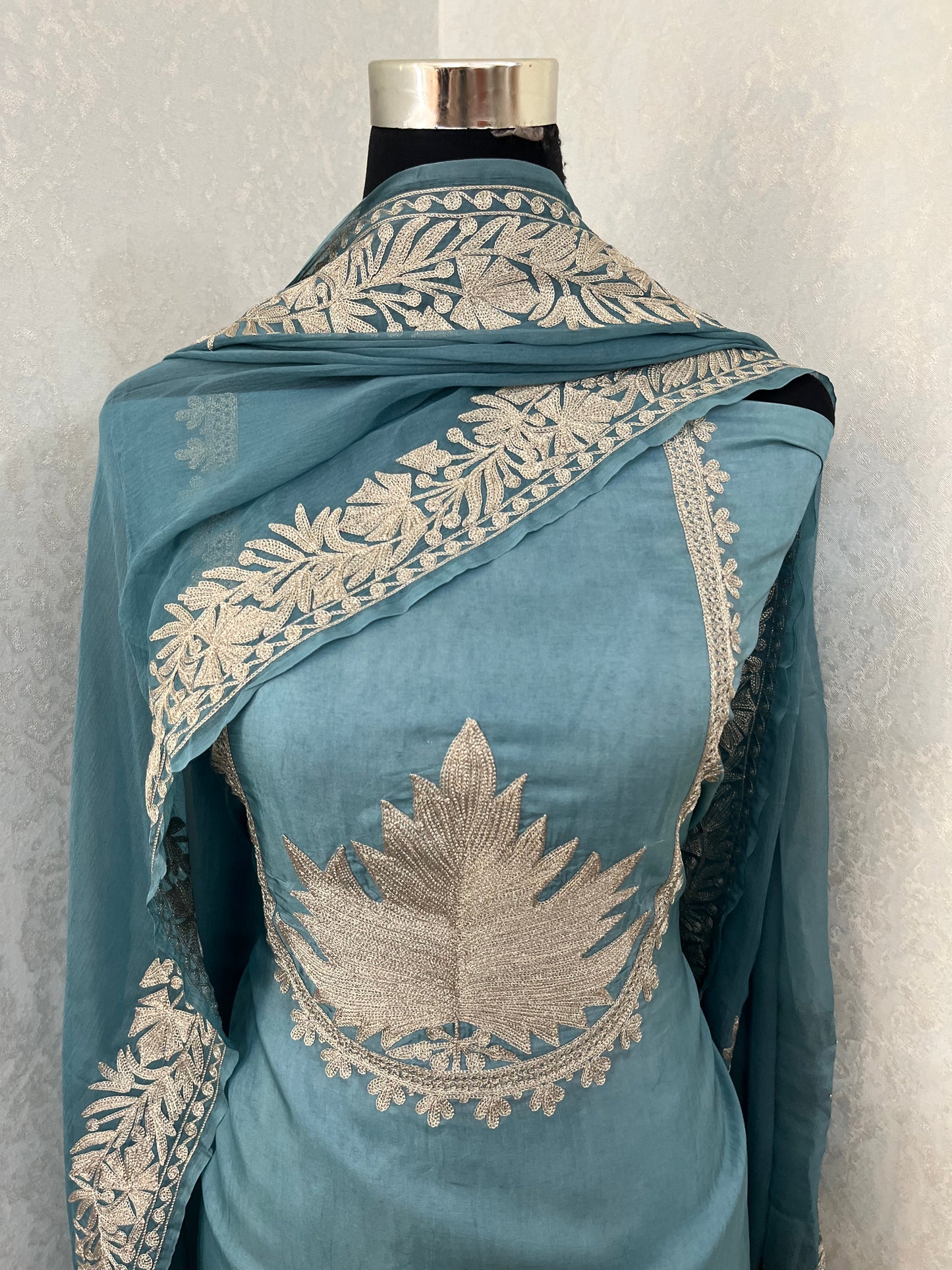Powder Blue Sanam’ Tilla Kashmiri Silk Suit