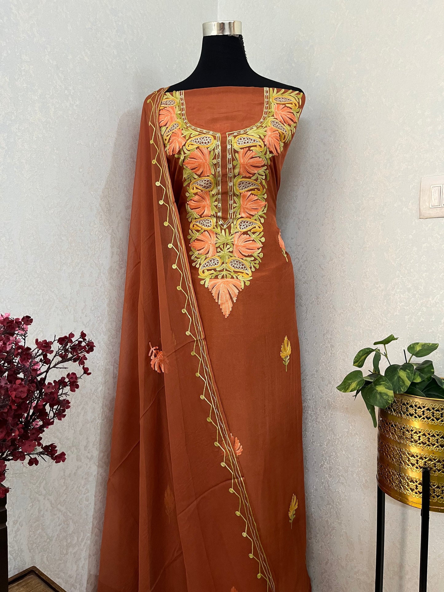 Dull Orange Opada Silk Kashmiri Suits