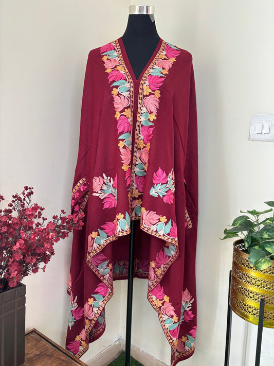 Maroon Aari Embroidered Pure Wool Cape