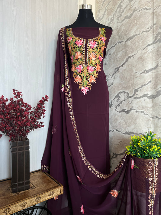 Wine Georgette Shirt and Dupatta Aari Embroidered Suit