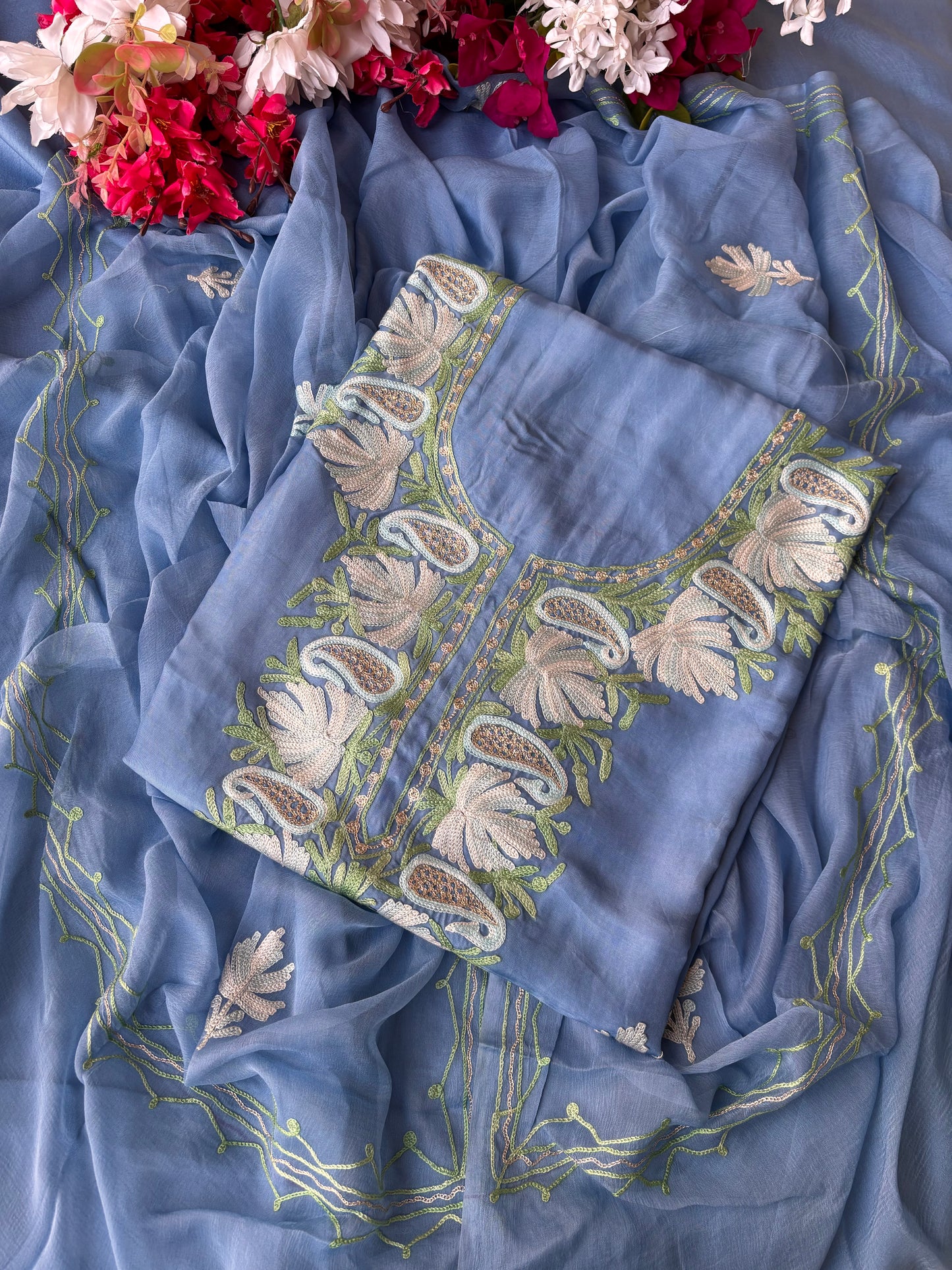 Soft Blue Opada Silk Kashmiri Suits