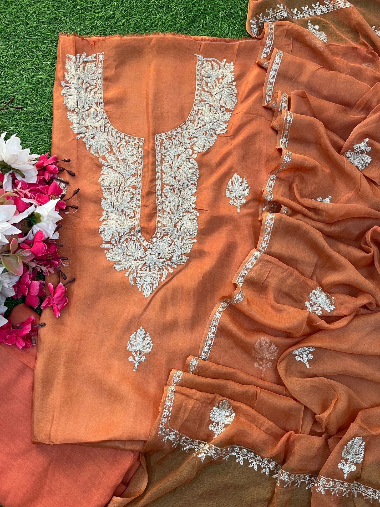 Dull Orange Silk Tilla Kashmiri Suit