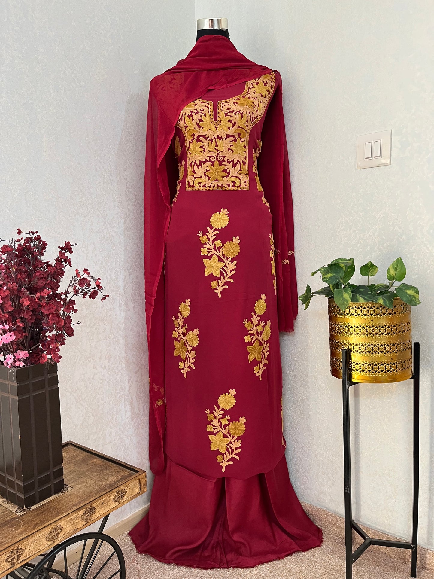 Maroon  Pure Georgette Aari Embroidered Suit