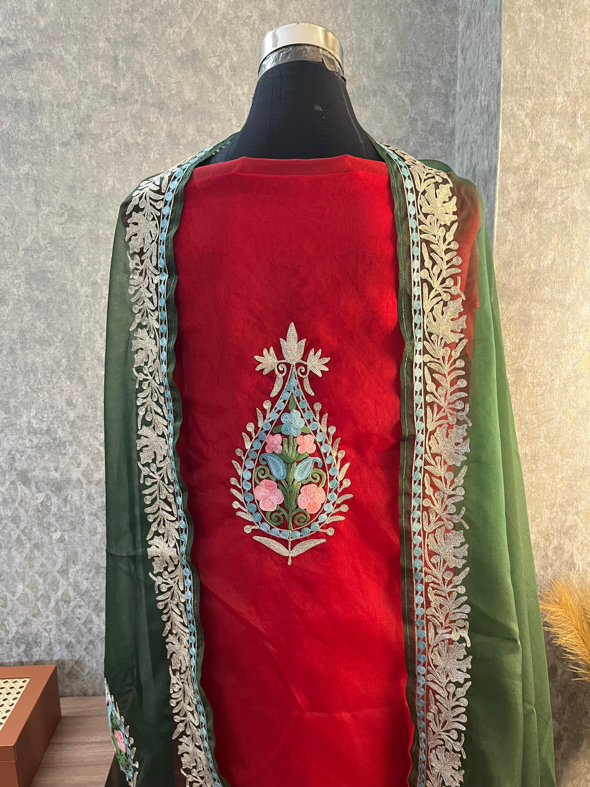 Red Soft Tissue Kashmiri Suit