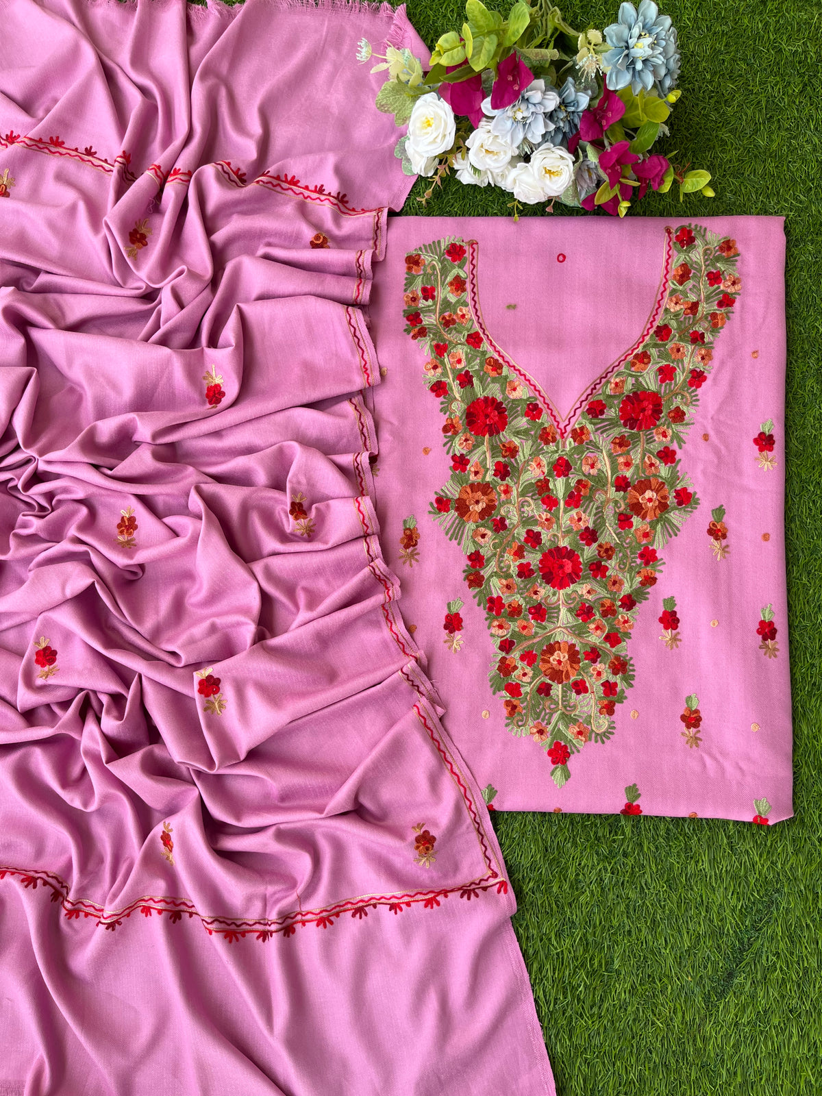 Playful Pink Woollen Aari Embroidered 3pc suit