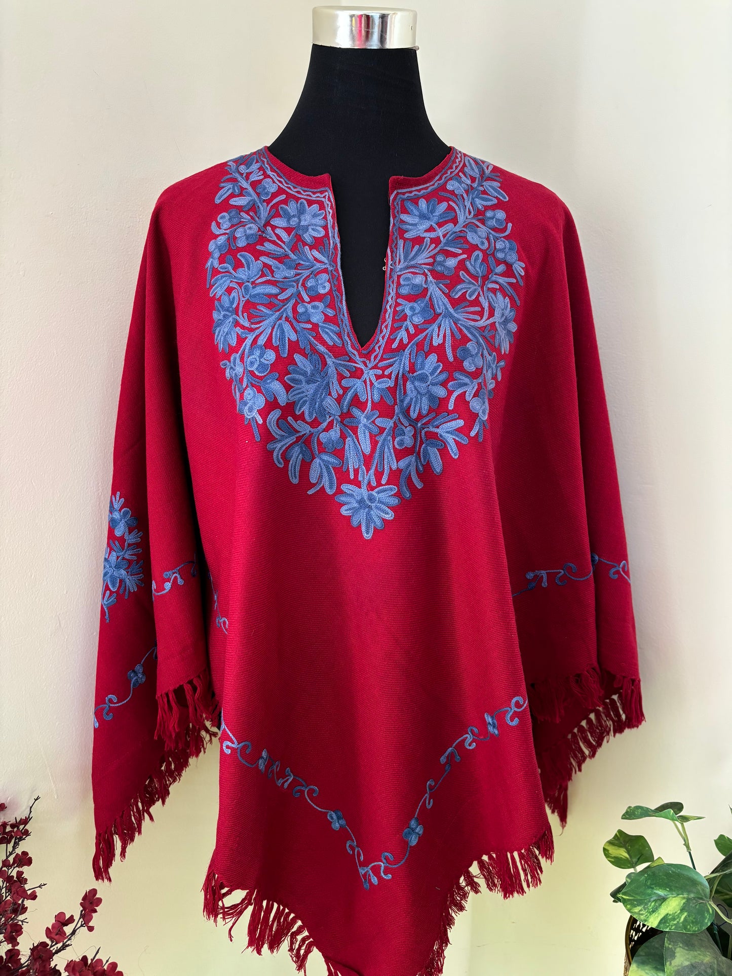 Maroon Aari Embroidered Wool Poncho