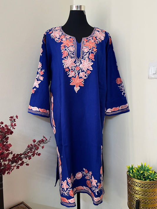 Royal Blue Aari Embroidered Wool Pheran