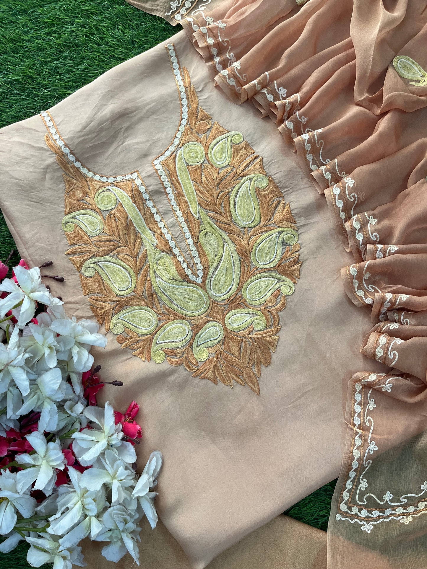 Beige Opada Silk Kashmiri Suit