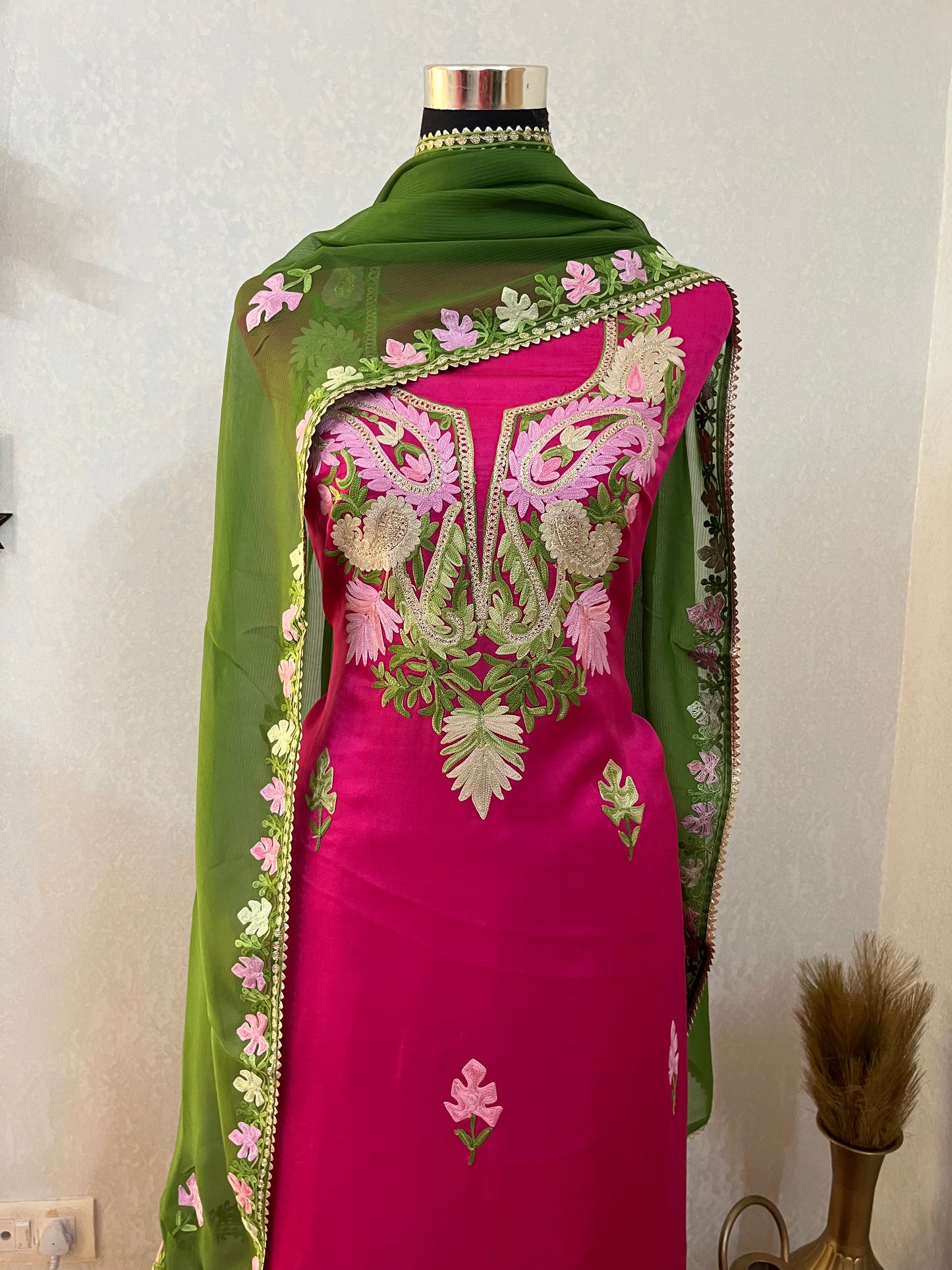 Hot Pink Satin Cotton Kashmiri Suit