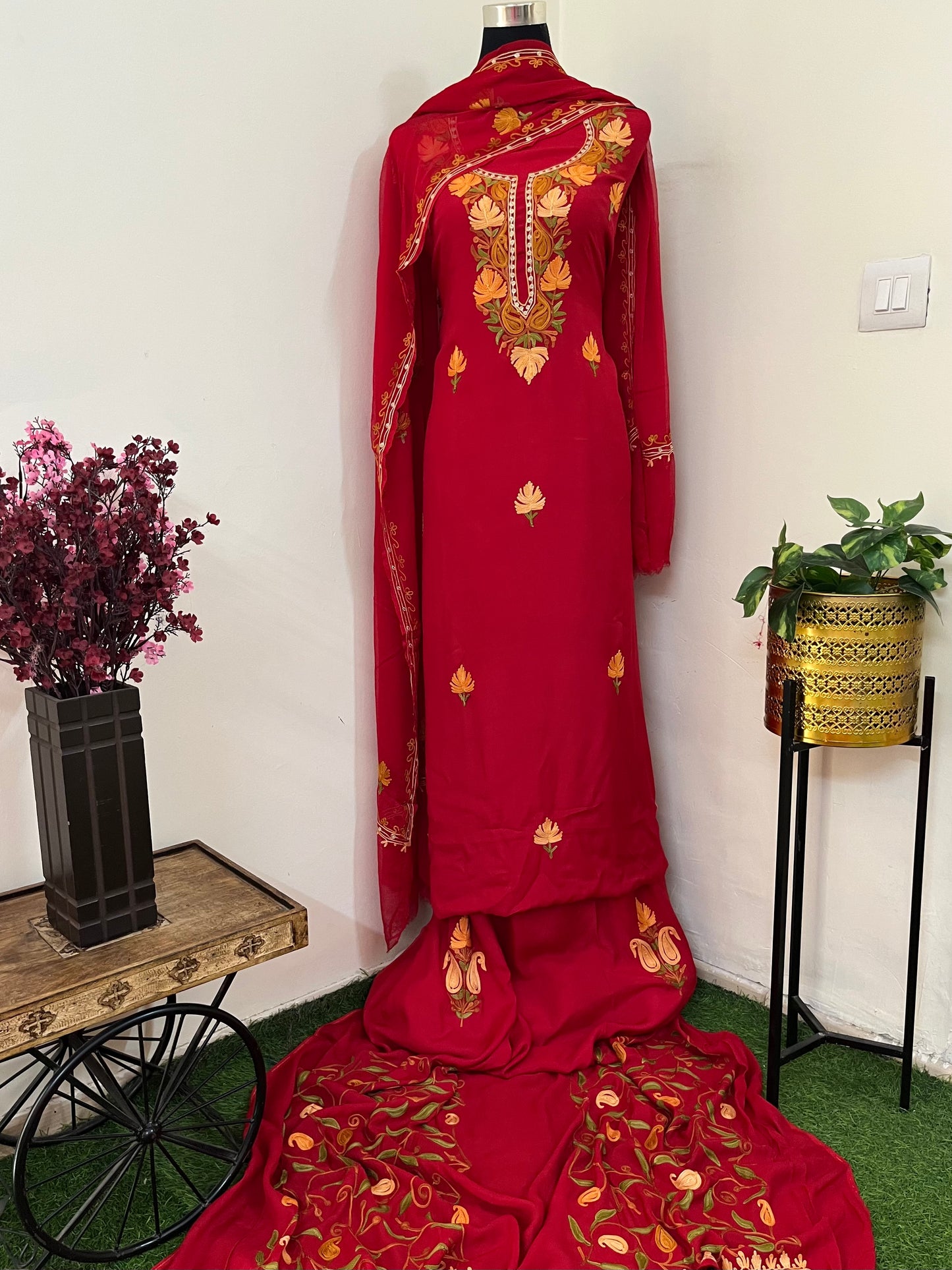 Red Muslin Cotton Jaal Sleeves Kashmiri 3pc Suit