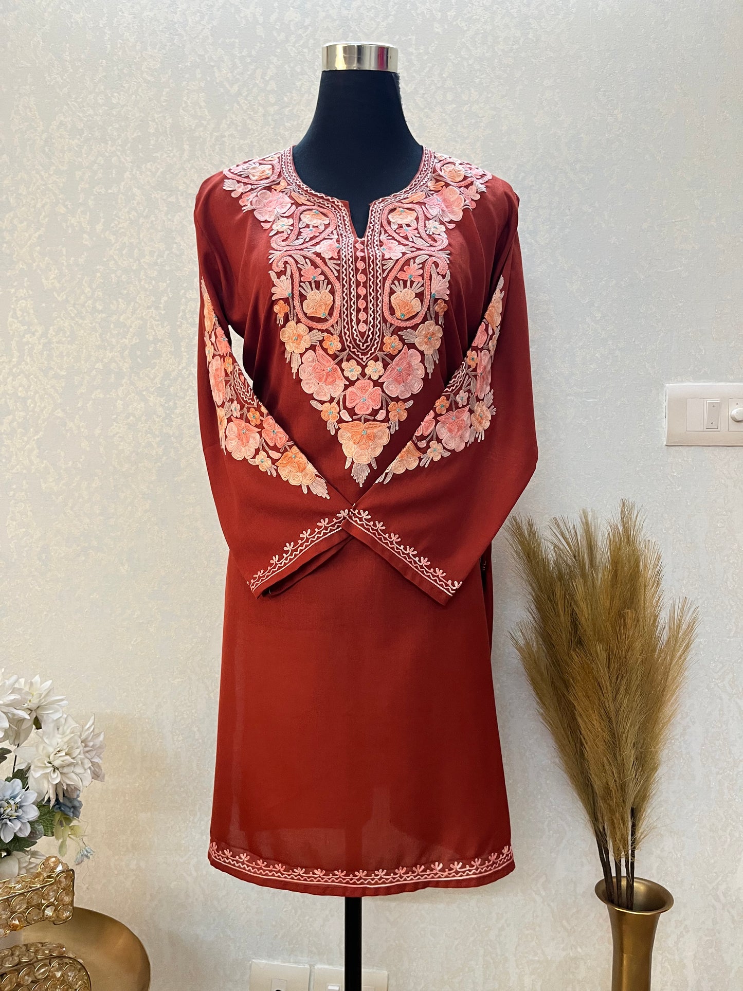 Rust Cotton Aari Work Kurta