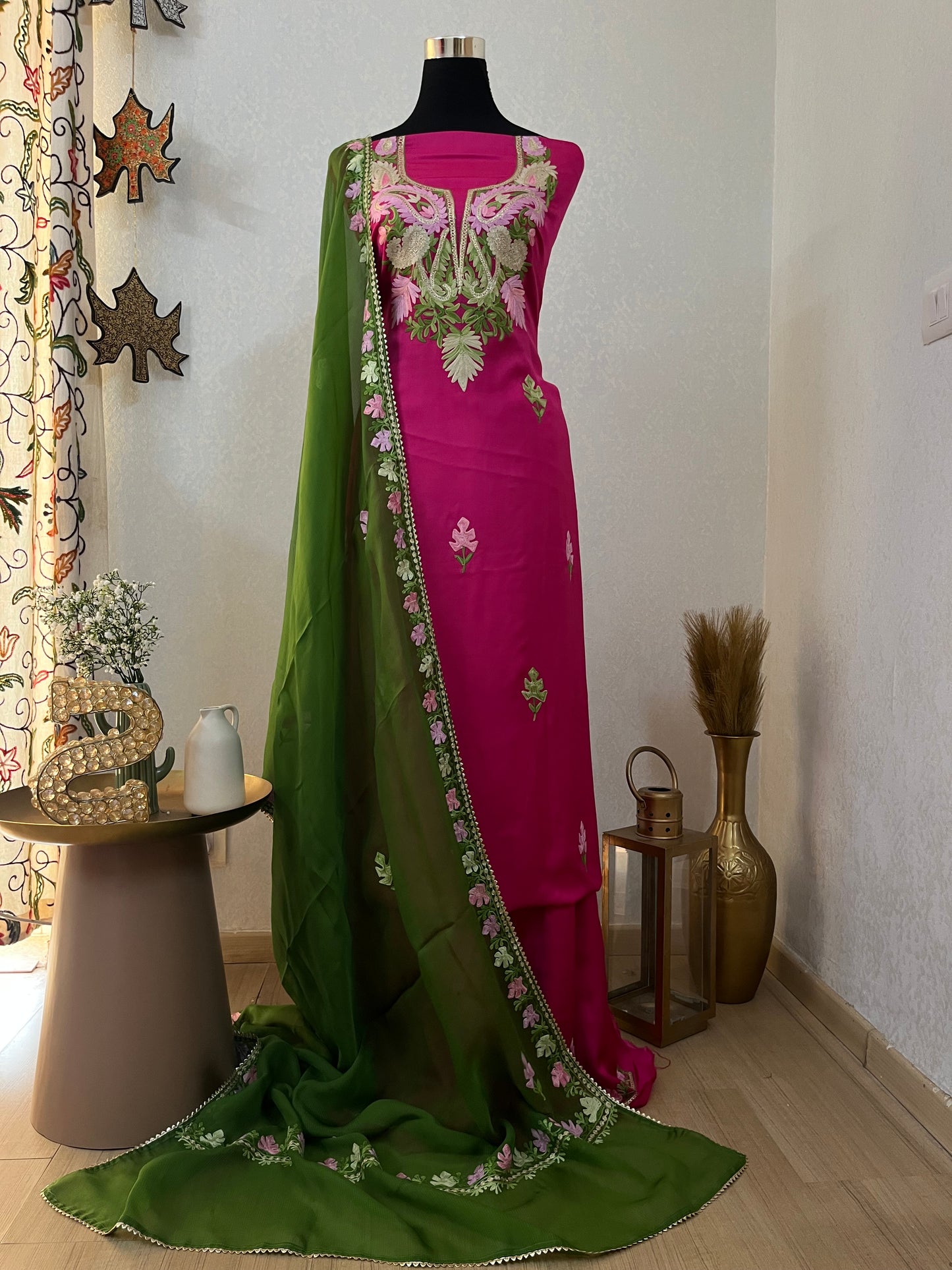 Hot Pink Satin Cotton Kashmiri Suit