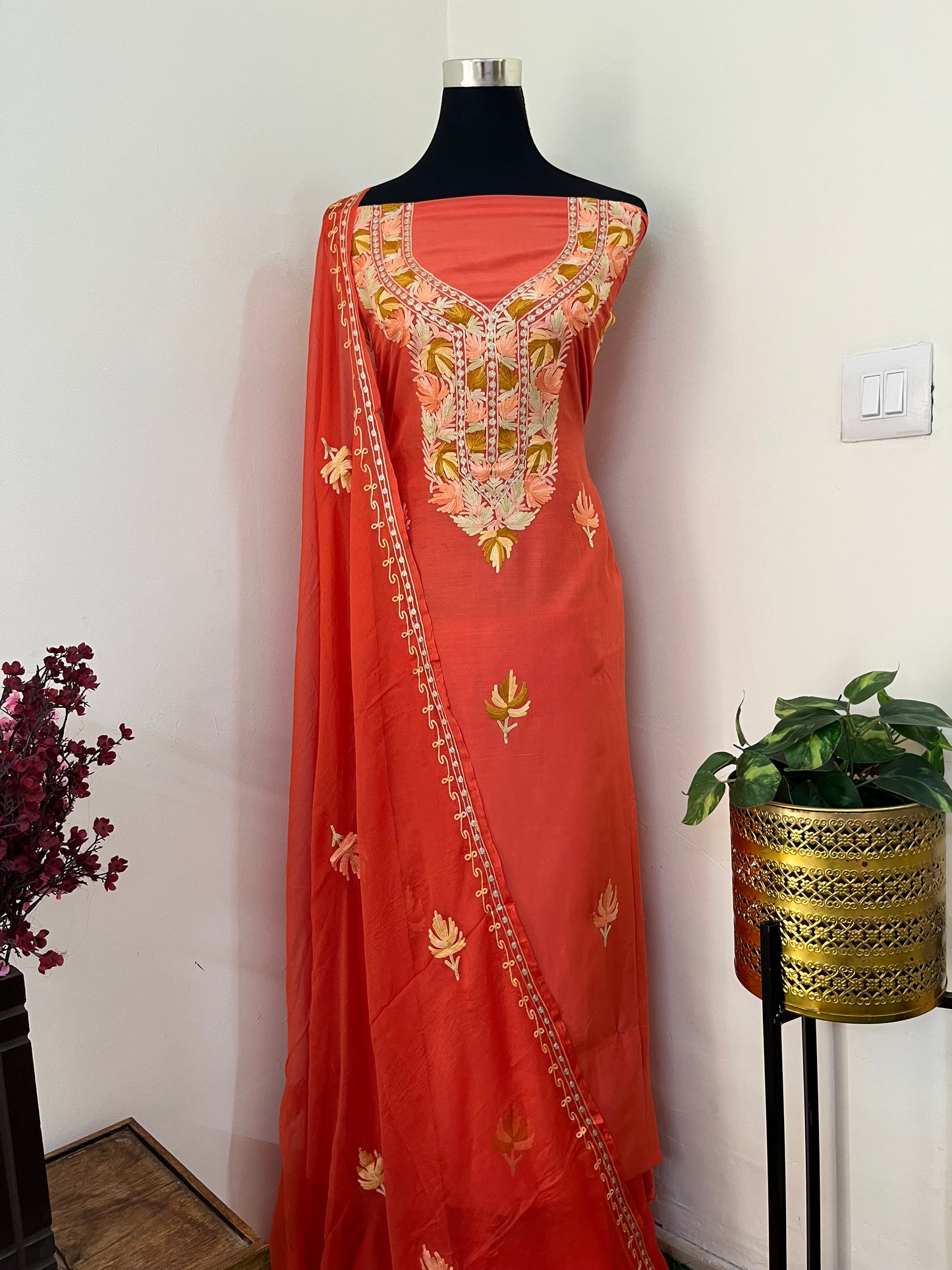 Soft Orange Muslin Cotton Aari Embroidered 3pc set