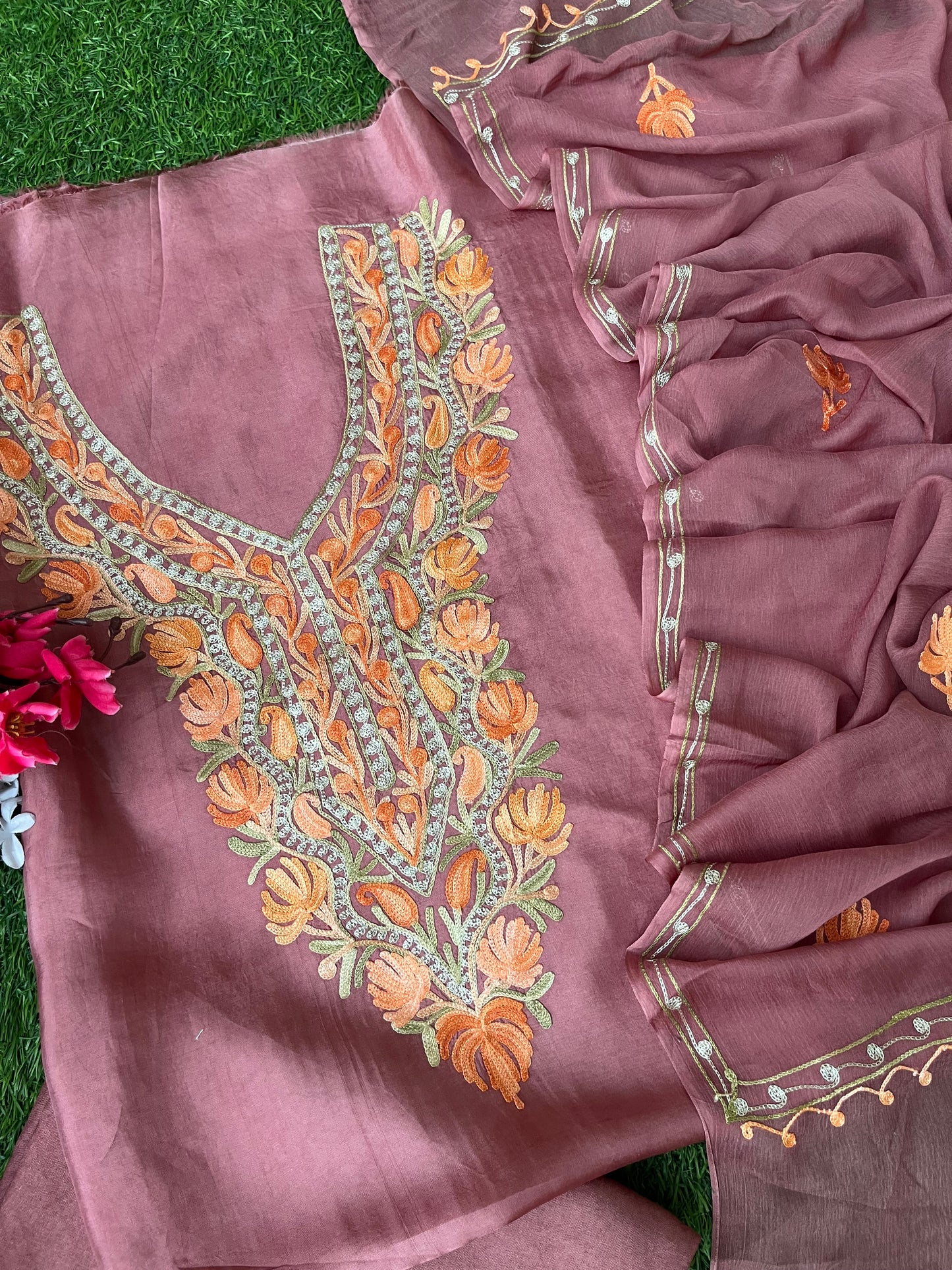 Onion Pink Opada Silk Kashmiri Suit