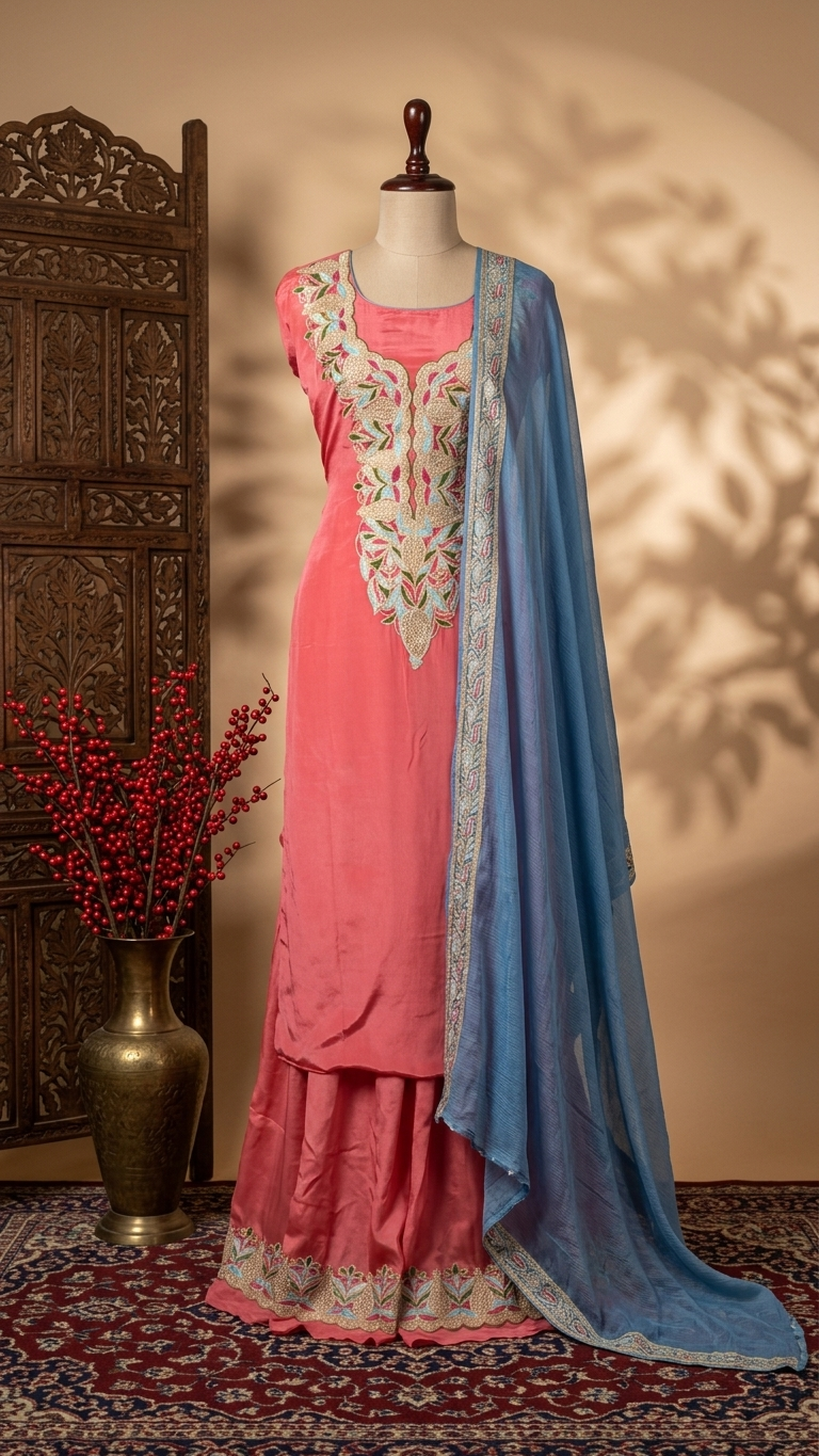 Kalaa’ Peach Crape Kashmiri Suit