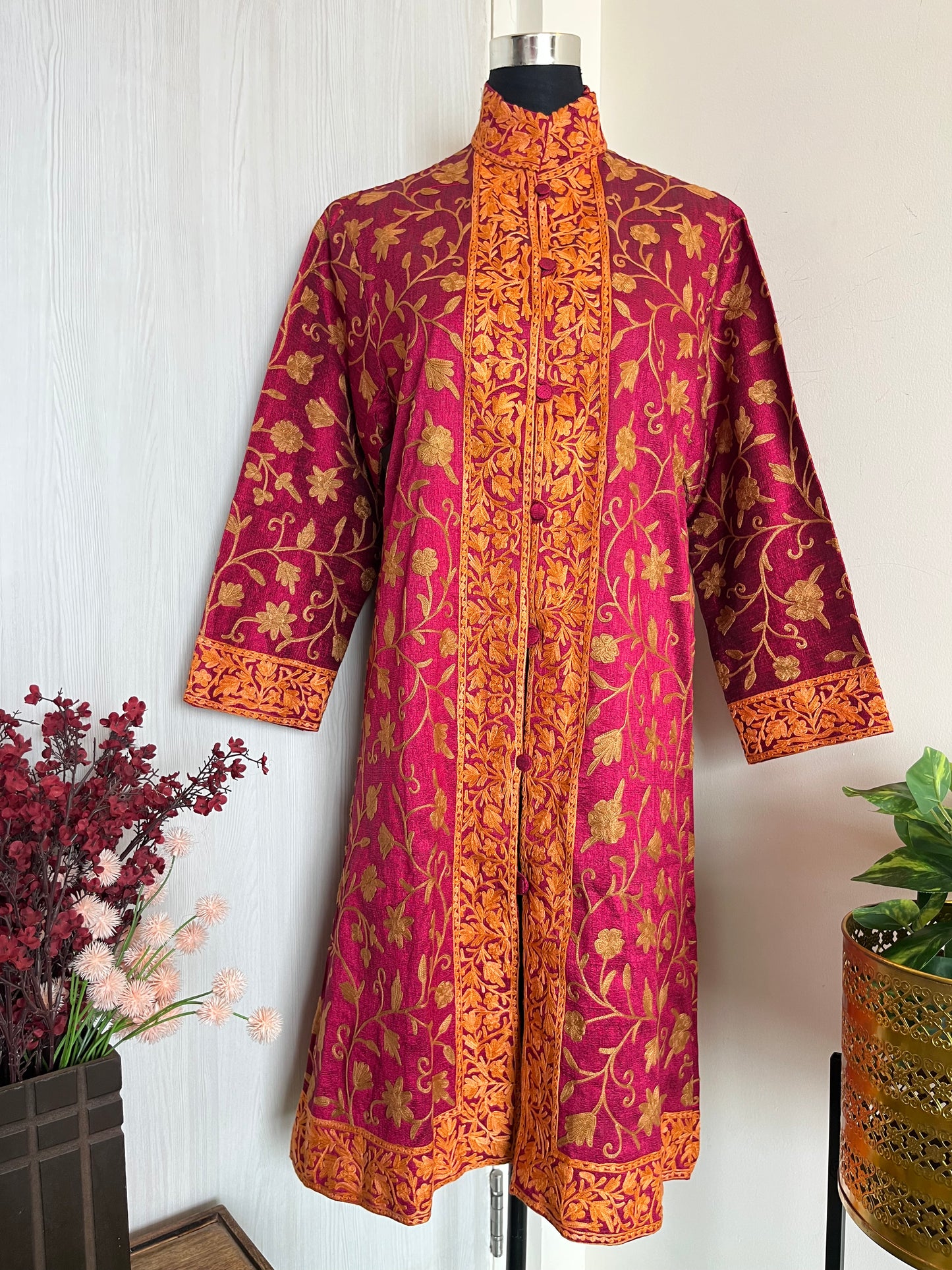 Hot Pink Aari  Embroidered Silk Jacket L/XL