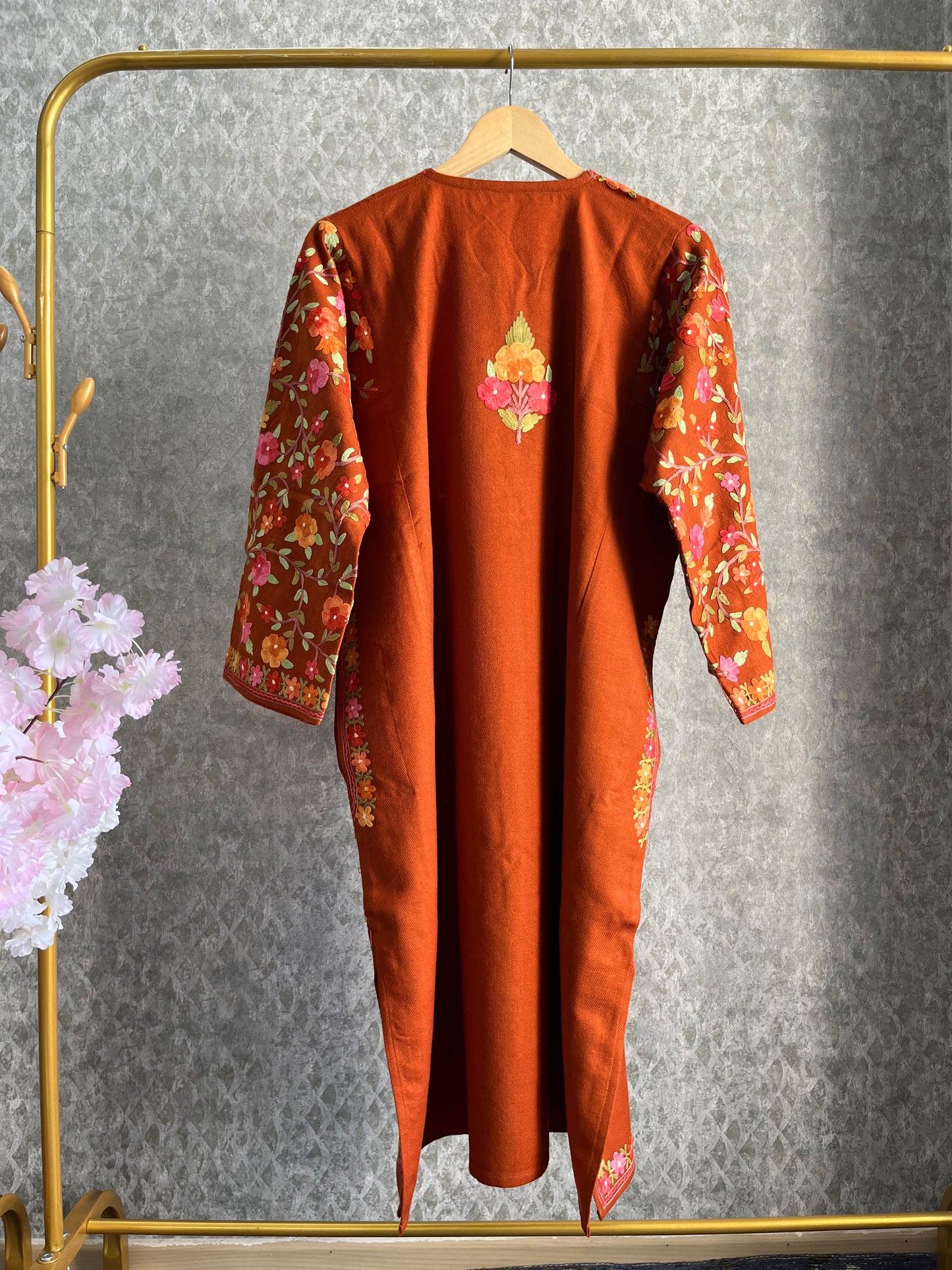 Orange Aari Embroidered Wool Pheran