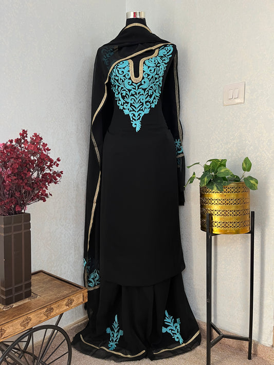 Georgette Black-Blue 3 Pc Nalki work Suit Set