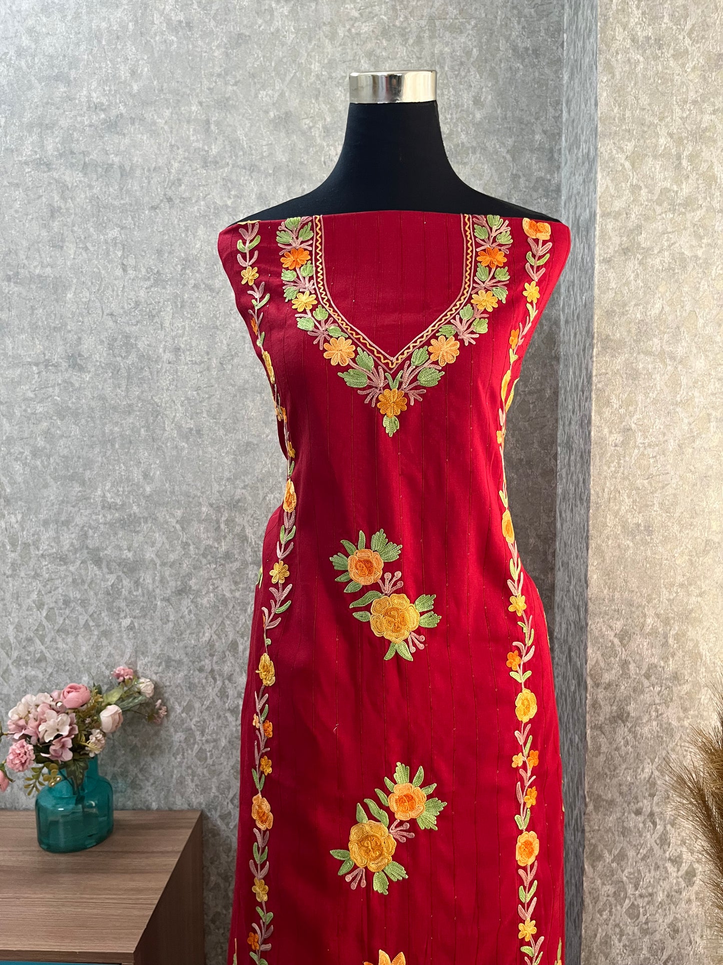 Blush Red Muslin Cotton Striped Sequin Pattern Unstitched Co-ord Set
