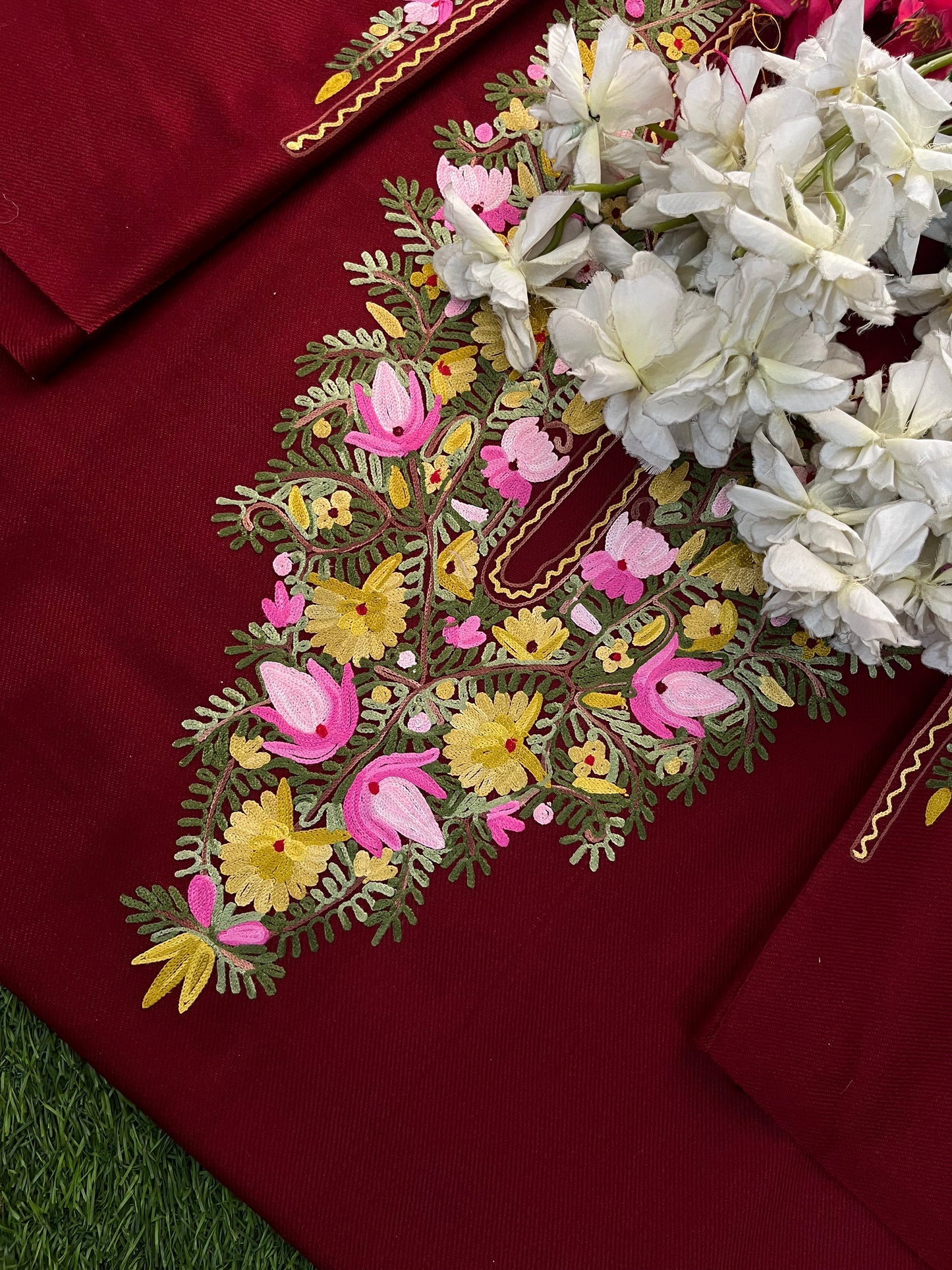 Maroon Woollen Aari Embroidered 2pc suit 5mtr