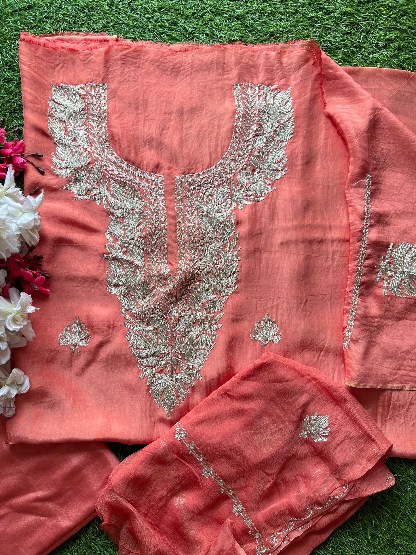 Peach Pink Silk Tilla Kashmiri Suit