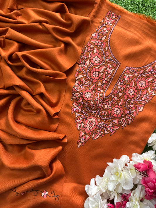 Orange Woollen Sozni Embroidered 3pc Suit Stole