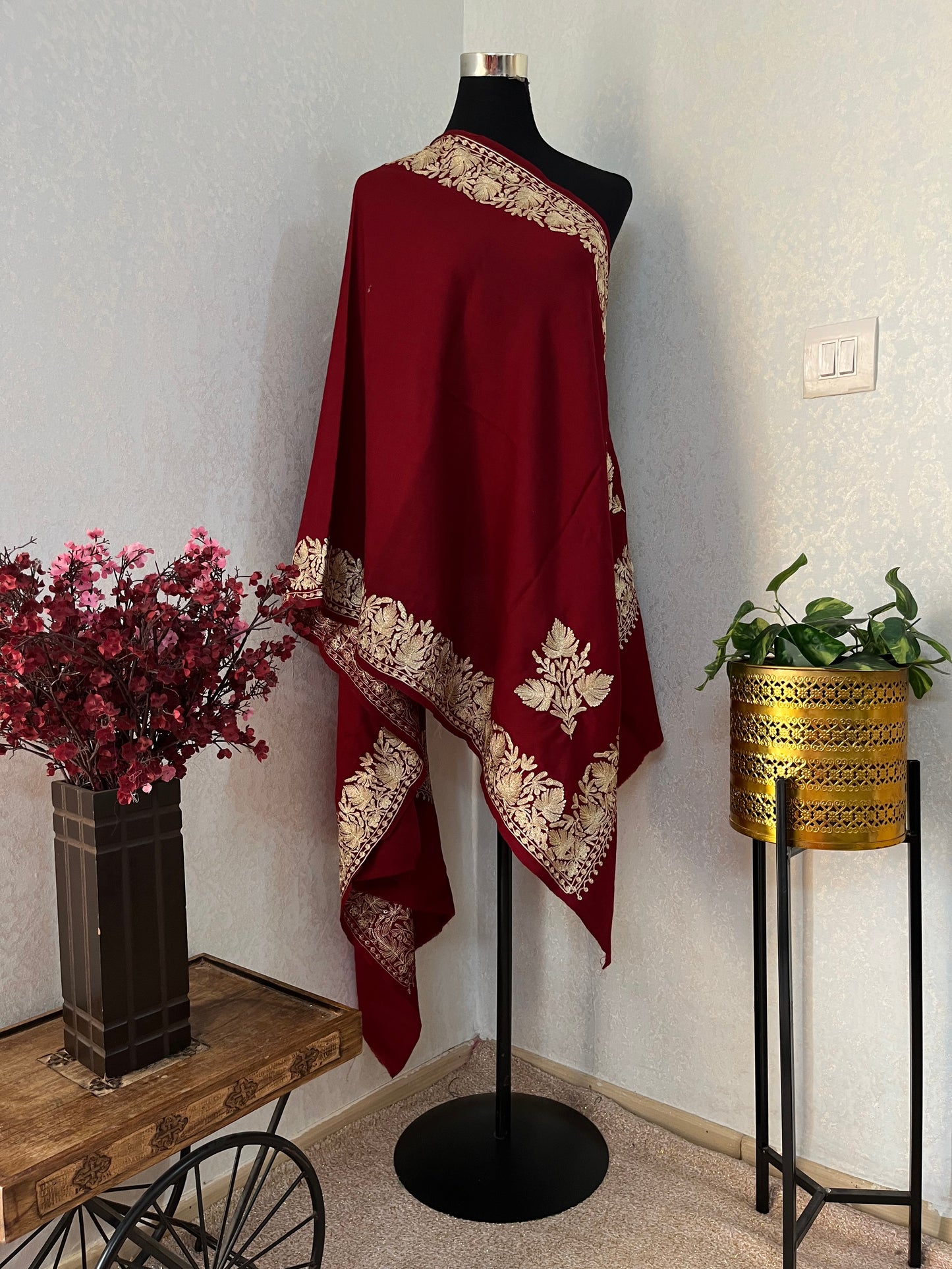 Maroon Semi Pashmina Tilla Embroidered stole