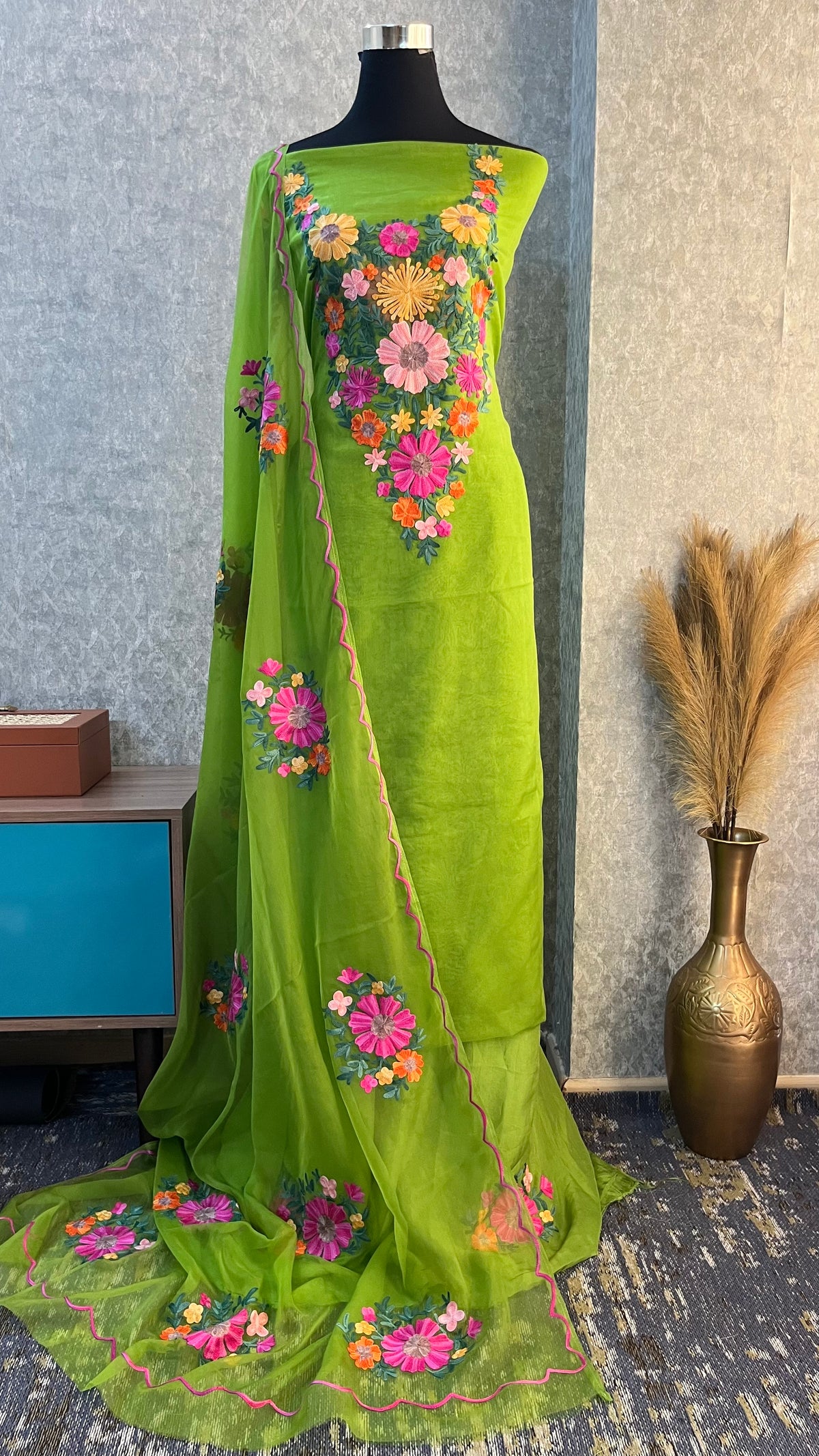 Lime Green Soft Tissue Kashmiri Suit