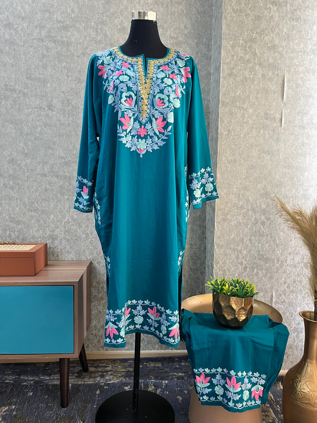 Blue Cotton Front Jaal Pheran Set  Size(44)