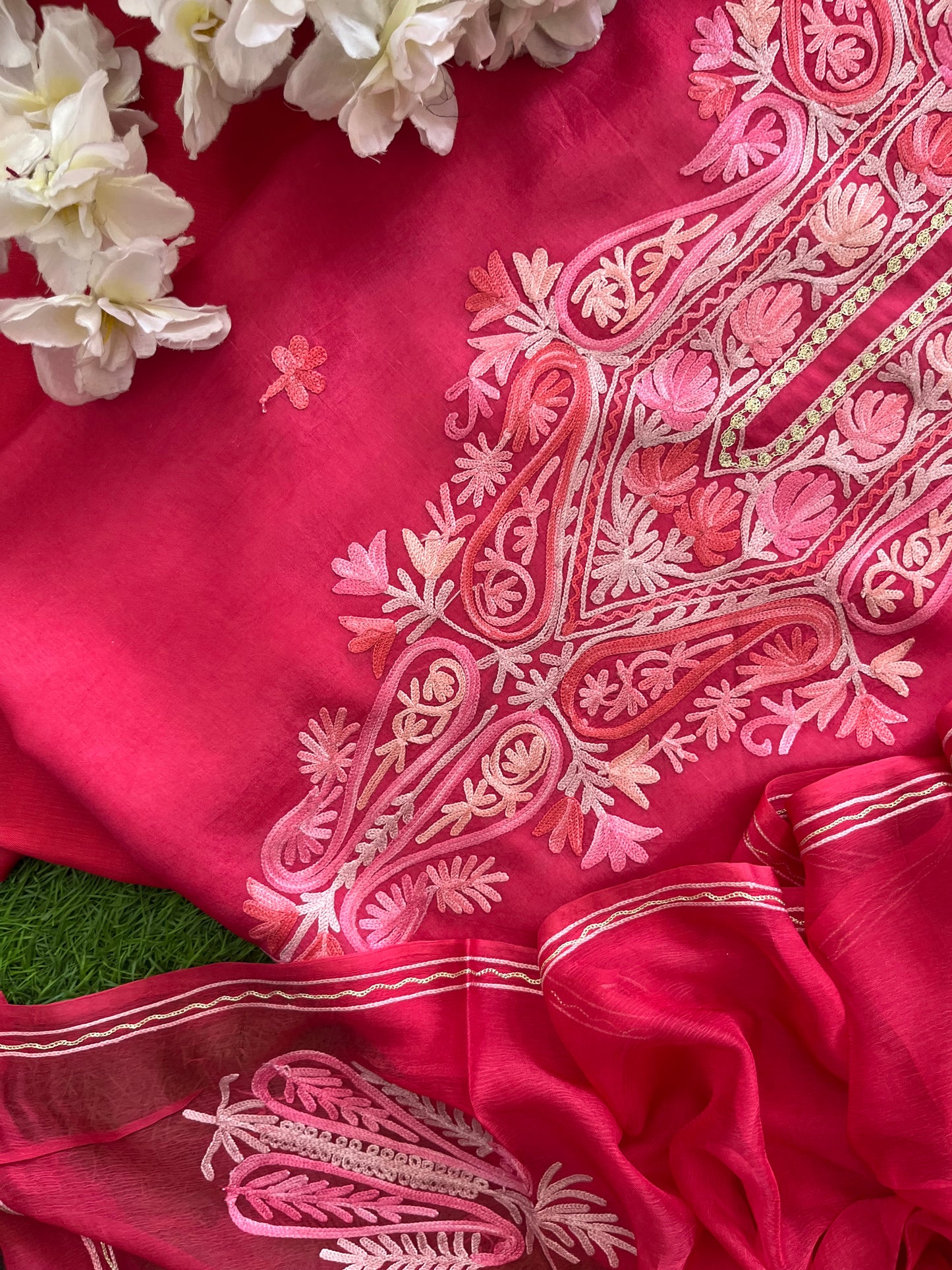 Carrot Pink Opada Silk Aari Embroidered Suit material