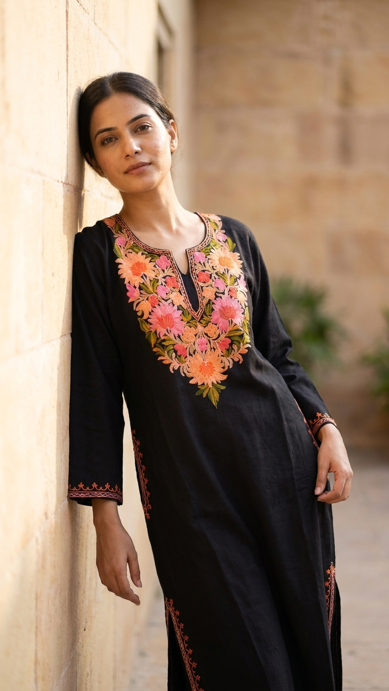Black Aari Embroidered Wool Pheran
