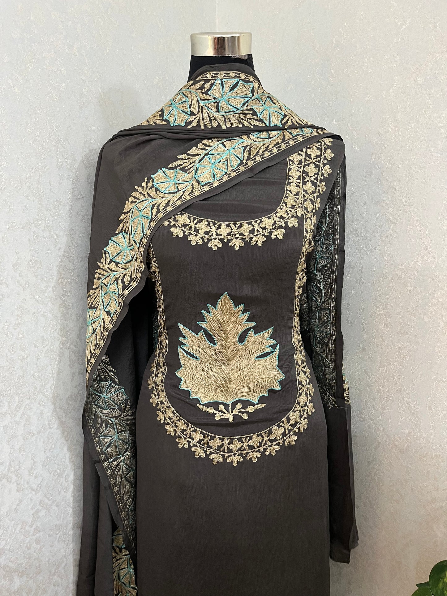 Grey Chinon 3 Pc Aari Embroidered Suit