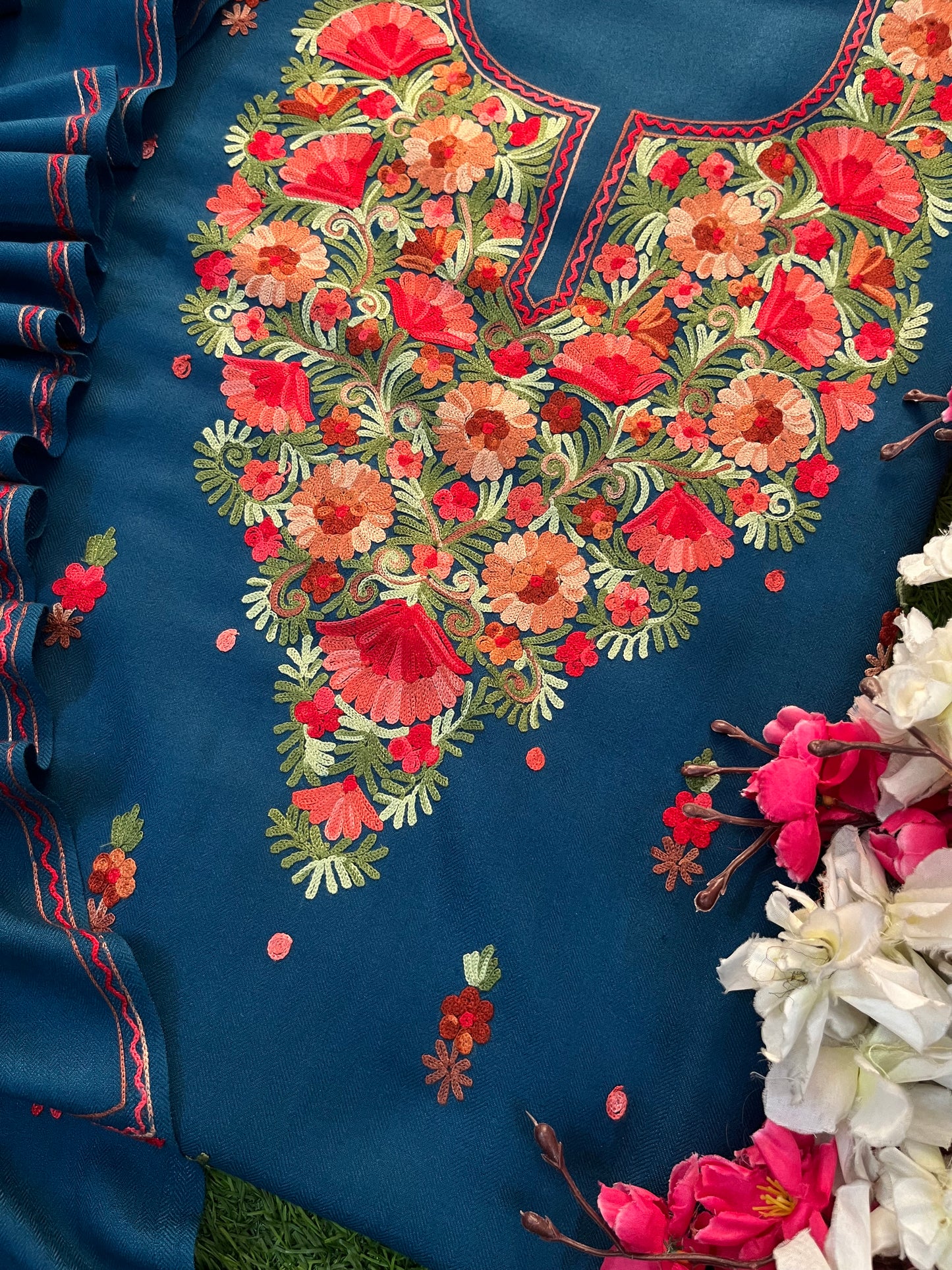 Peacock Blue Woollen Aari Embroidered 3pc suit