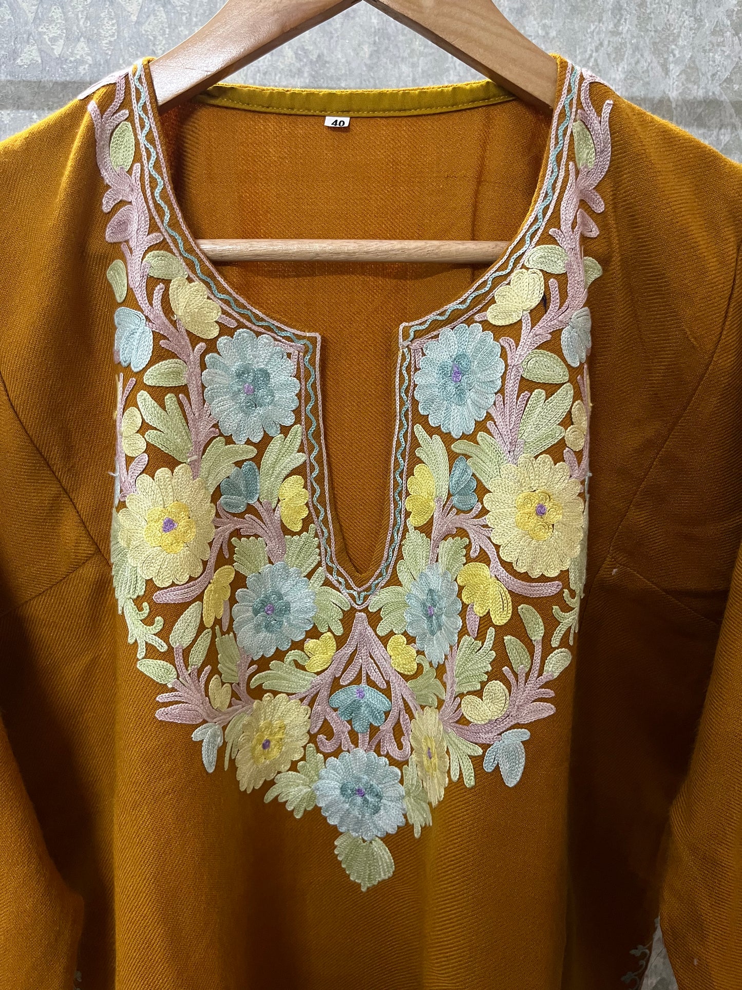 Mustard Yellow Aari Embroidered Wool Pheran