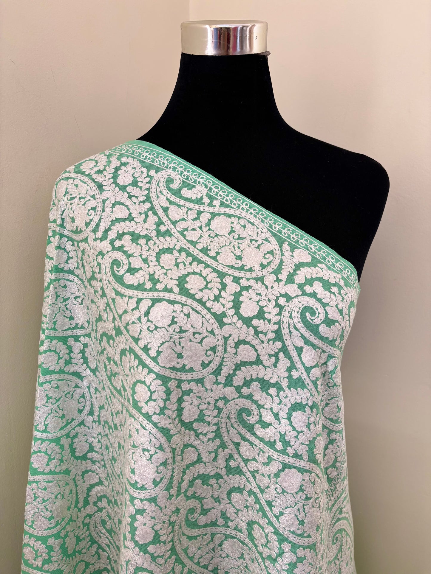 Tea Green Kashmiri Stole ( Semi Pashmina )