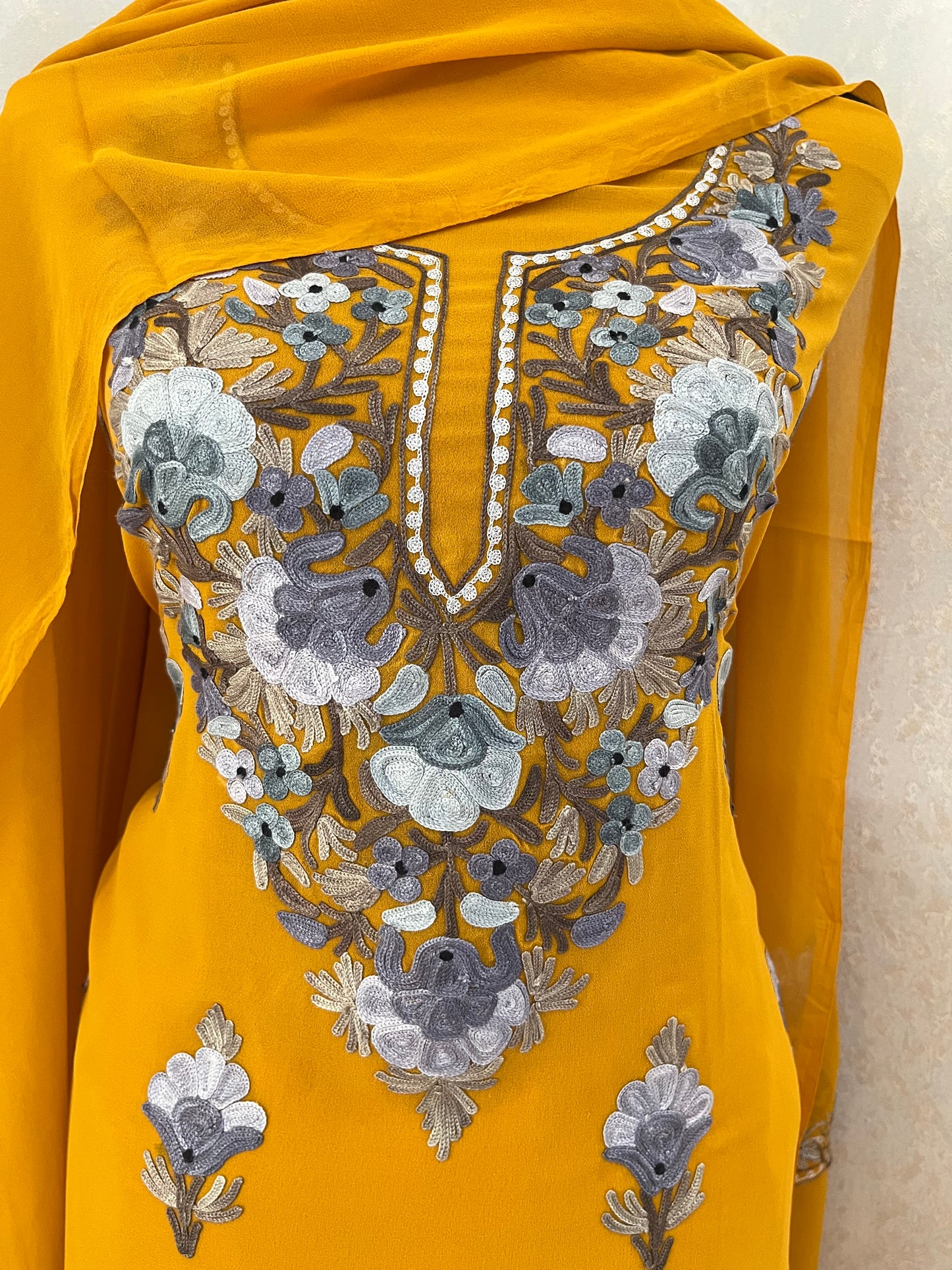 Mustard Yellow Georgette 3Pc Kashmiri Suit