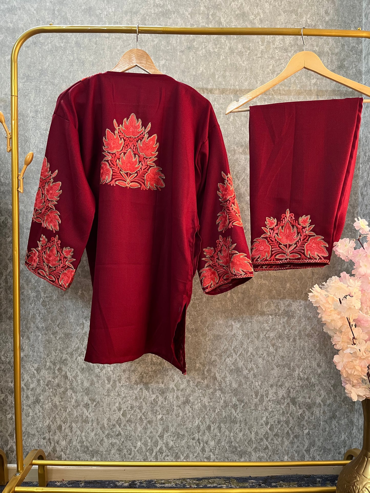 Maroon Woollen Kashmiri Co-Ord Set ( Size 46)