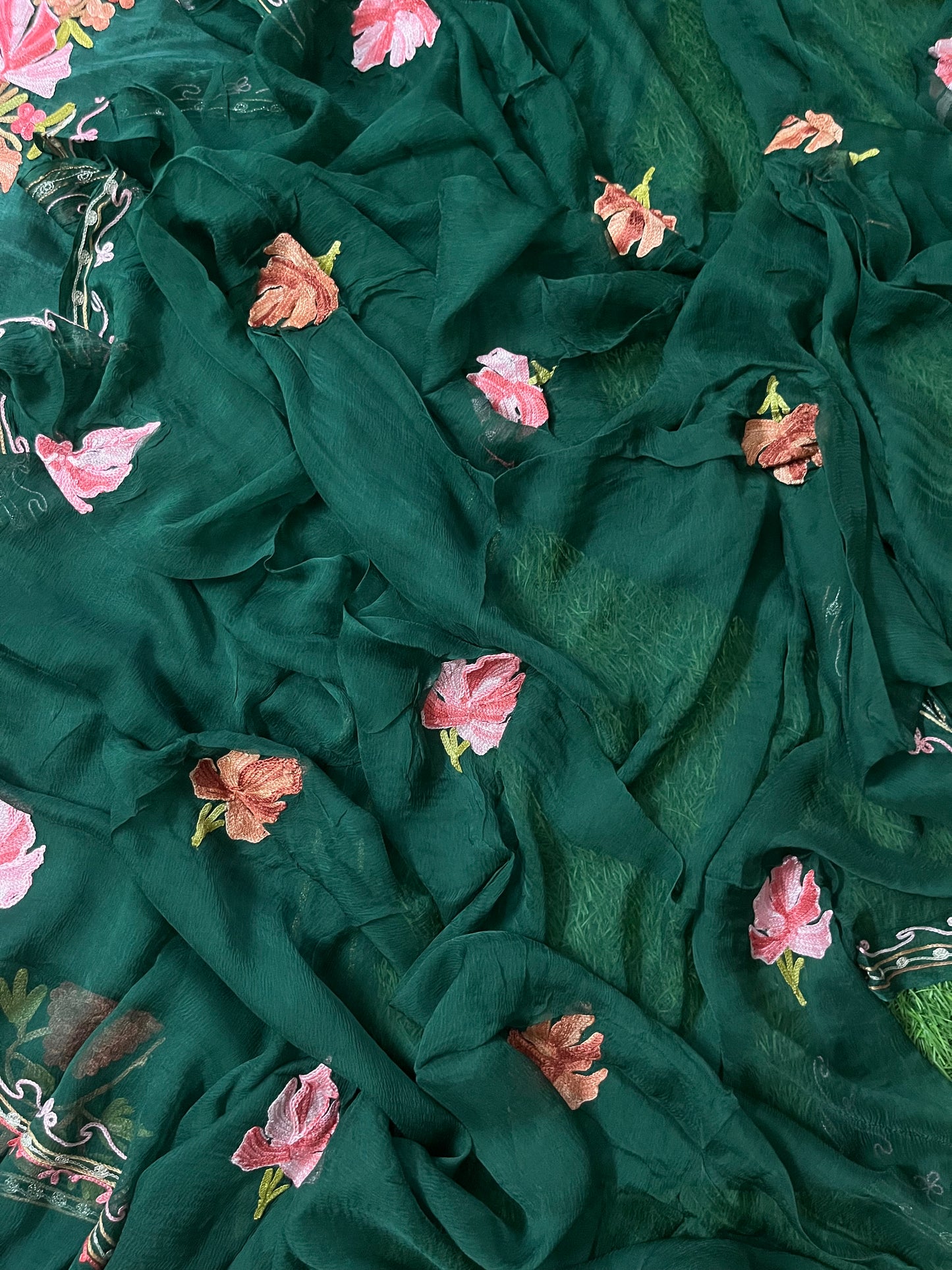 Bottle Green Opada Silk Aari Embroidered Suit material