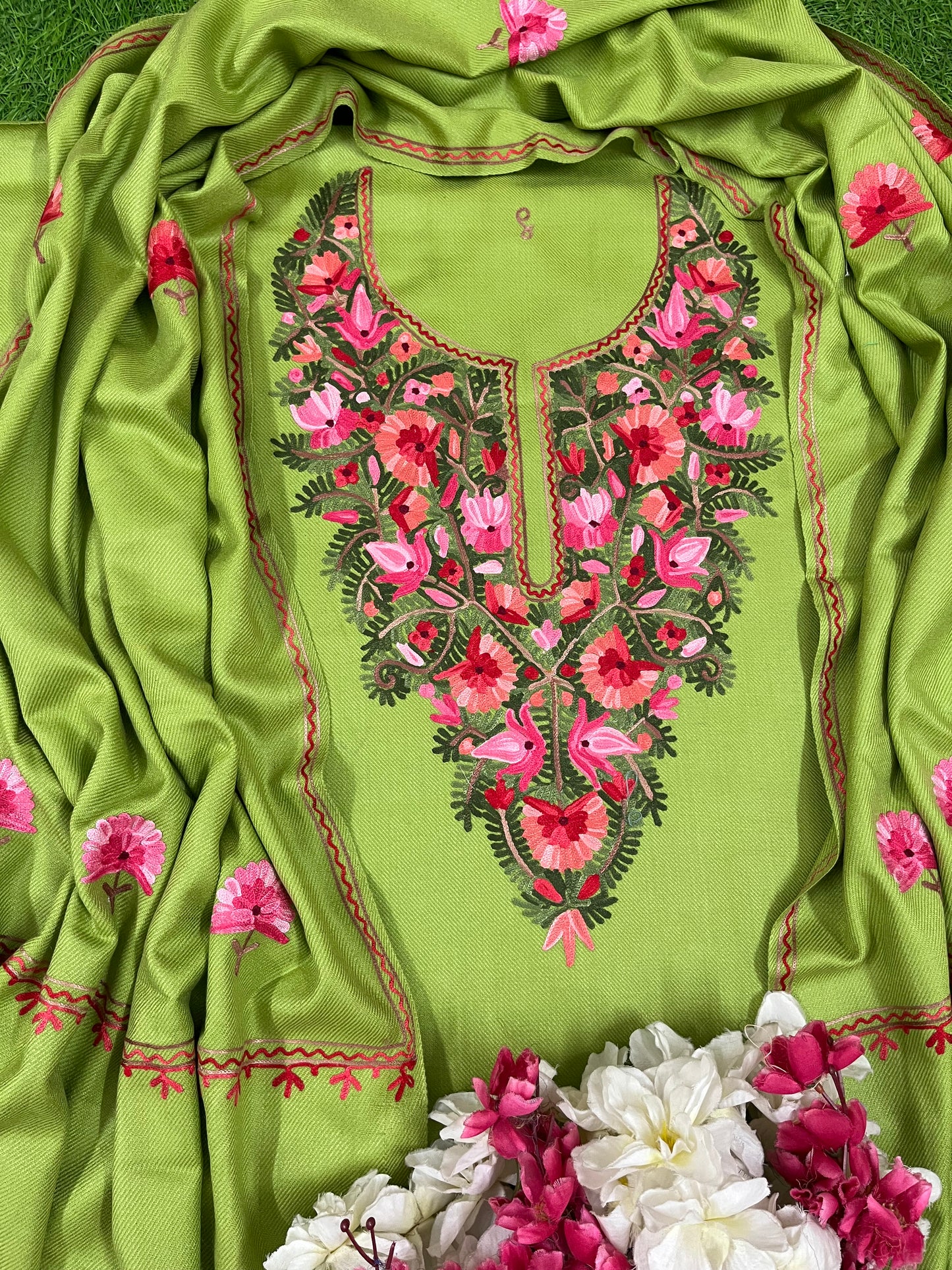 Pista Green Woollen Aari Embroidered 3pc suit