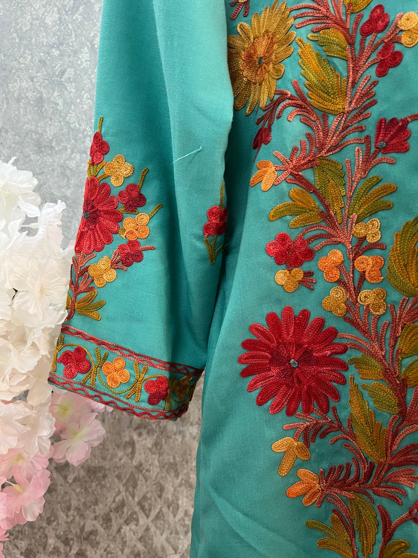 Sea Green Cotton Aari Work Jacket