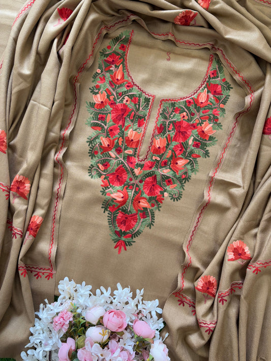 Beige Woollen Aari Embroidered 3pc suit