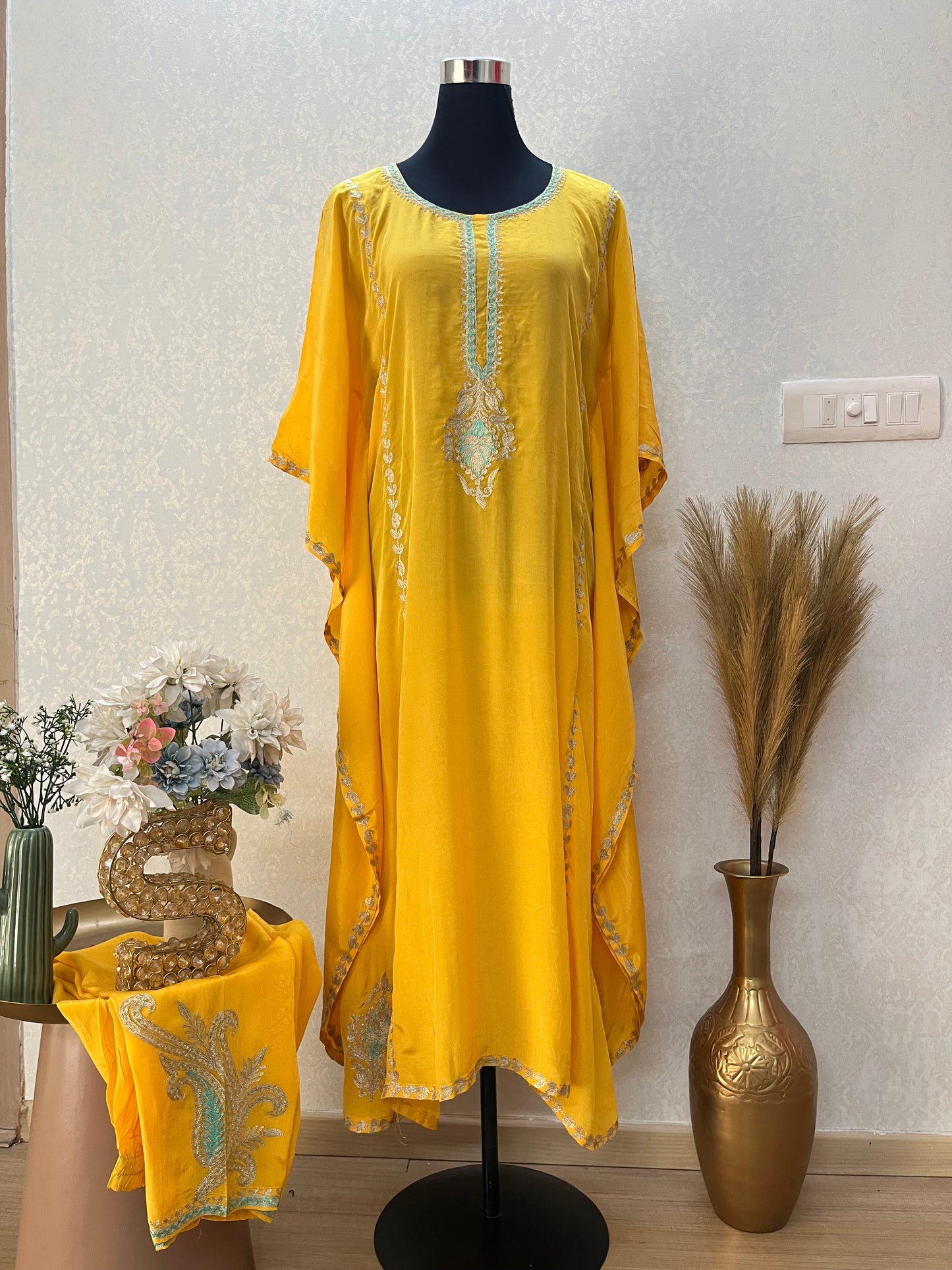 Yellow Crape Front Back Kashmiri Kaftan Set