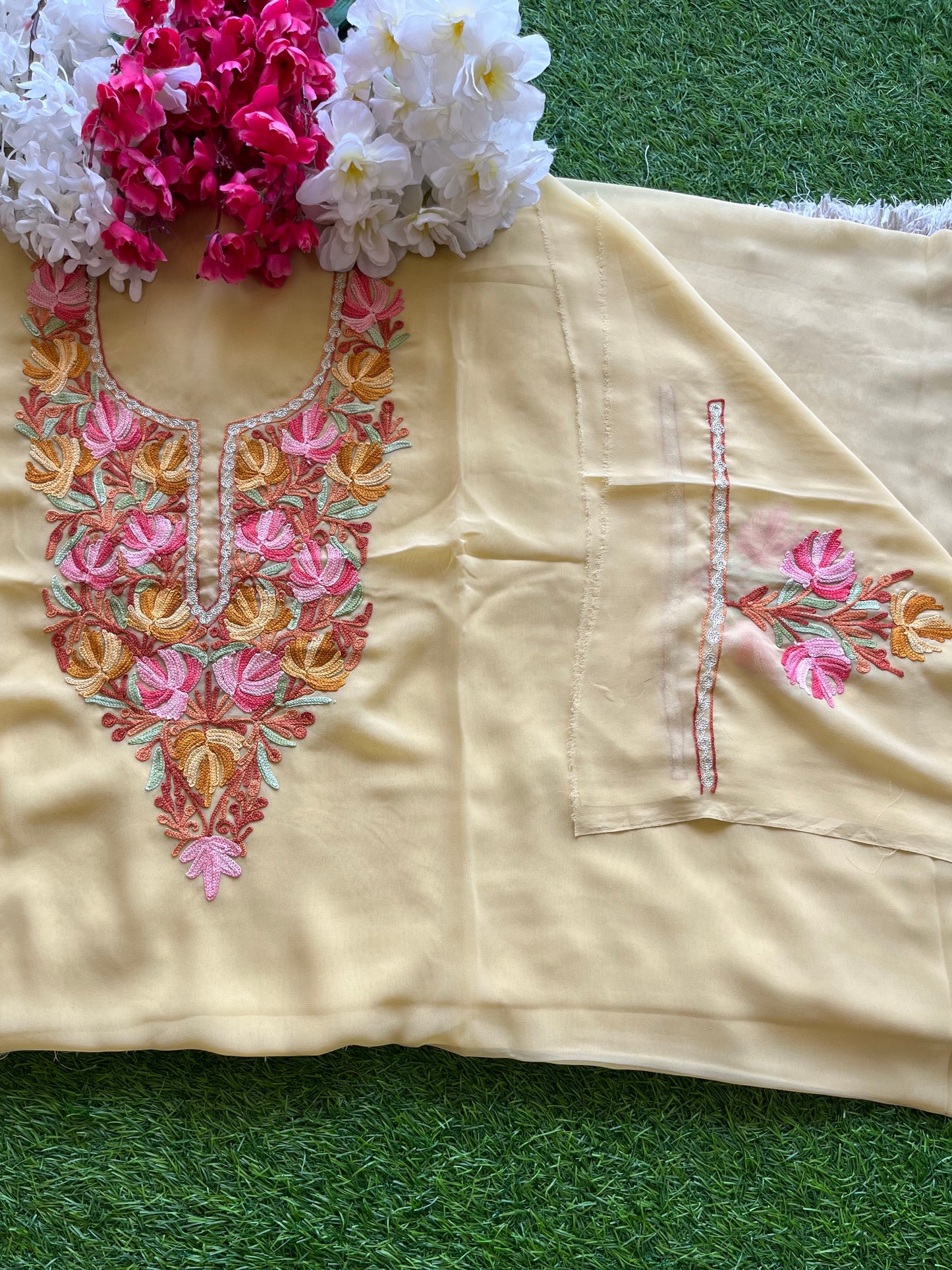 Golden Yellow Georgette Aari Embroidered Unstitched Kurta Material