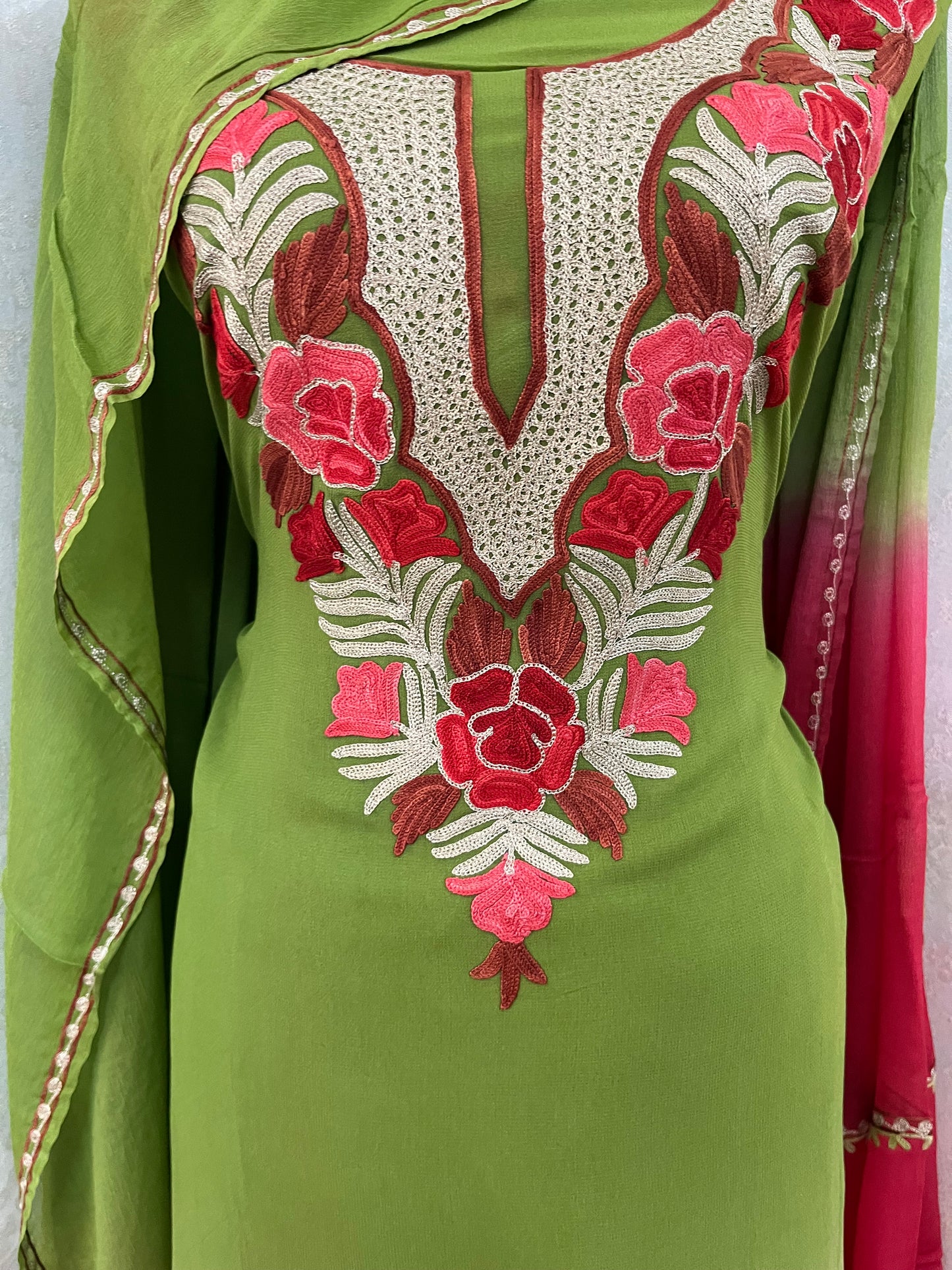 Green Pure Georgette Double Shade Kashmiri Suit