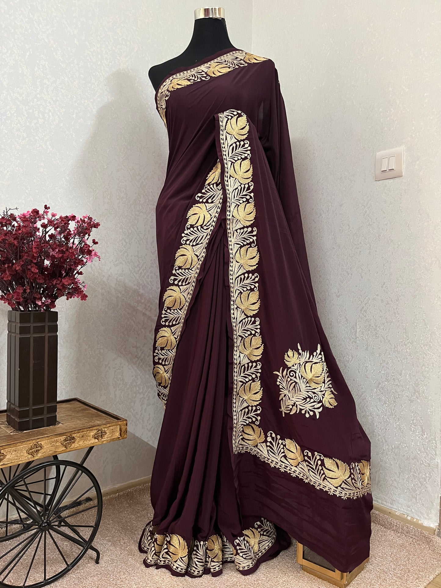 Wine Crape Kashmiri Tilla Saree